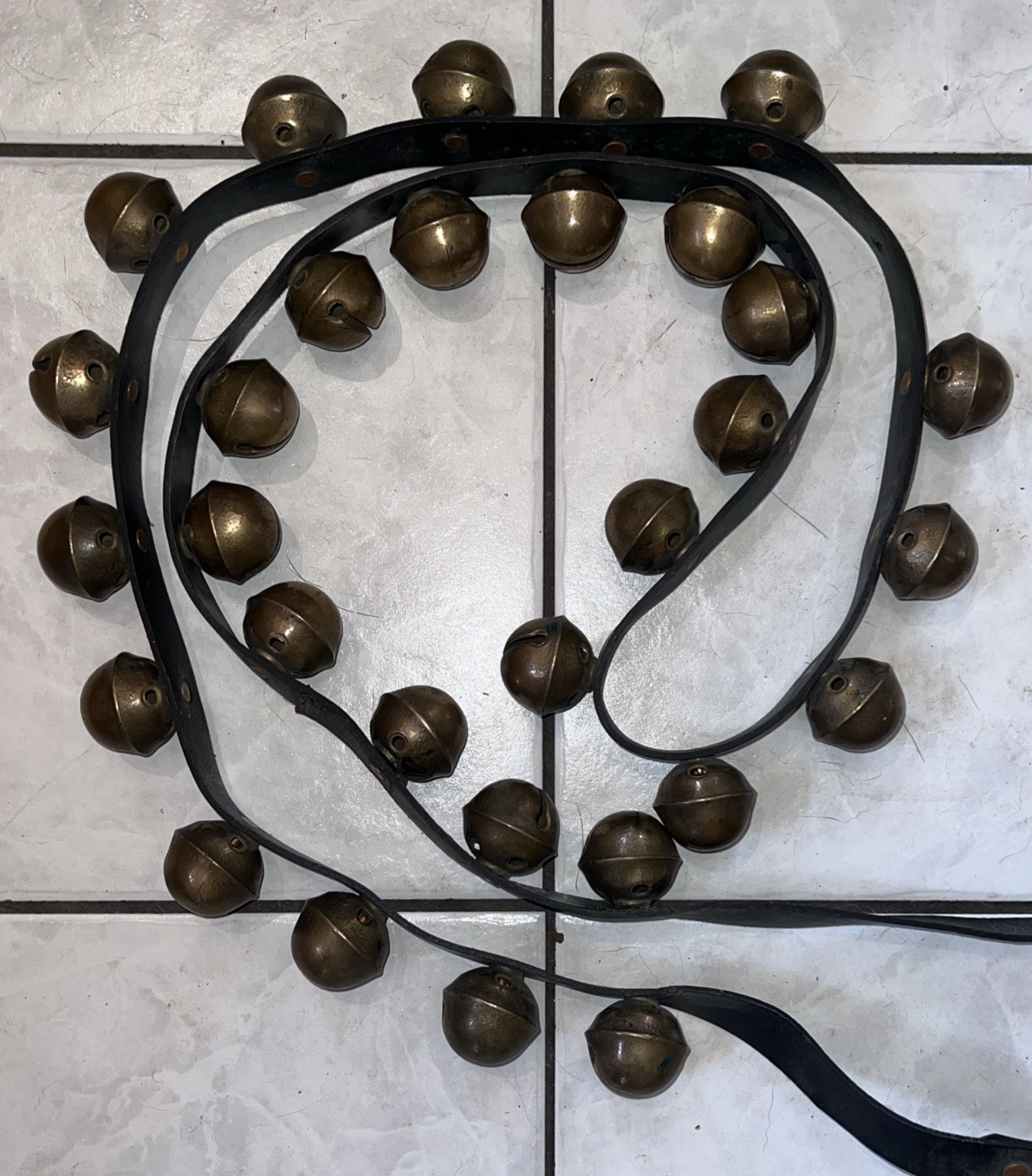 Antique 30 Solid Brass 1 1/2” Sleigh Bells 96” Leather Strap 1 Bell Missing