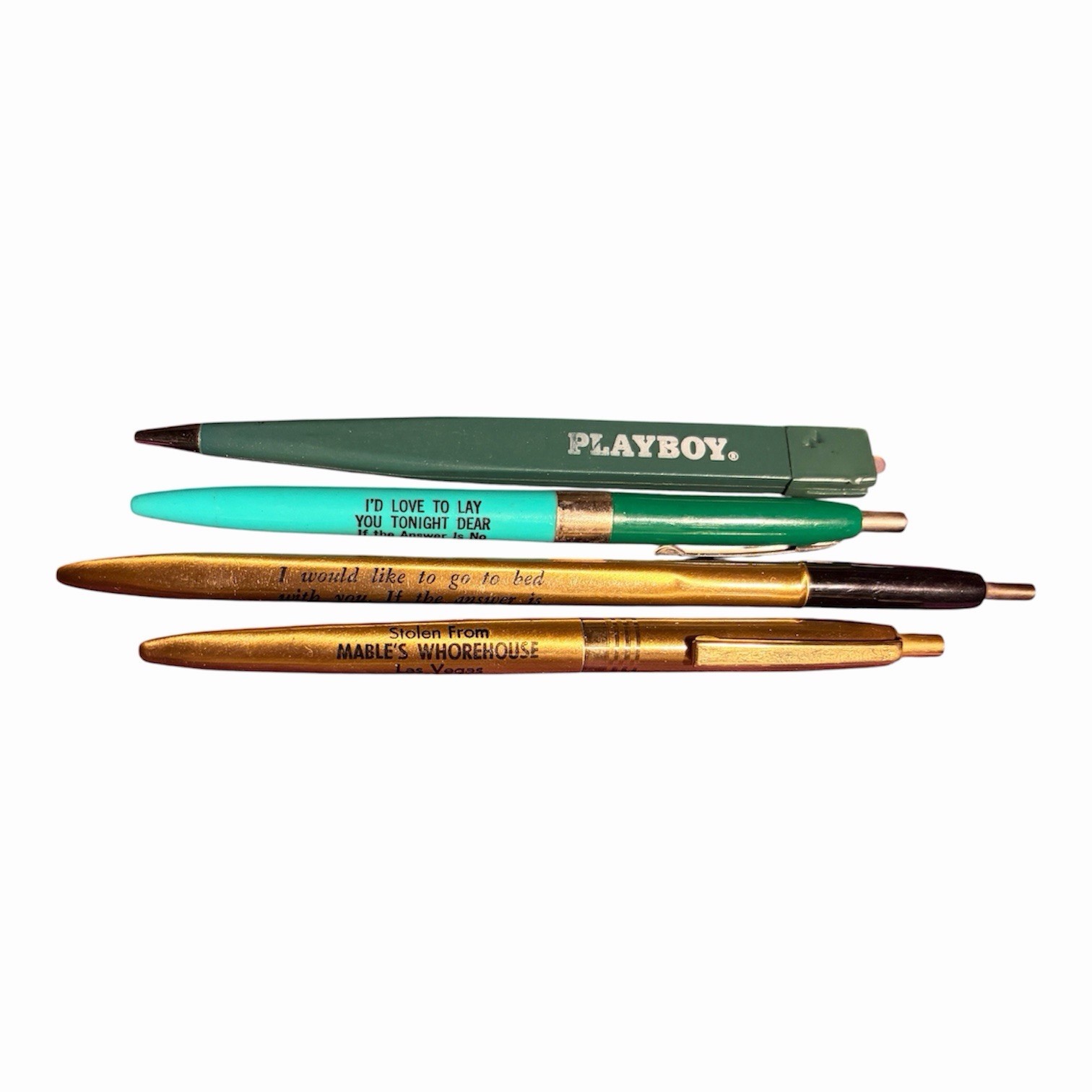 Lot 4 Vintage Adult Themed Ball Point Novelty Pens Playboy Mable’s Vegas 60s 70s