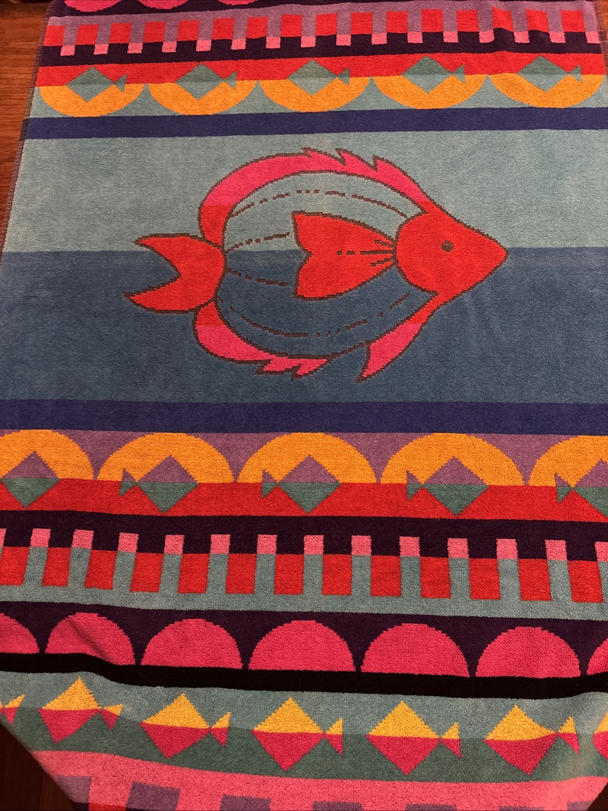 Vintage Franco Vibrant Fish 90’s Beach Towel 32”x 55” 100% Cotton Made In Brazil