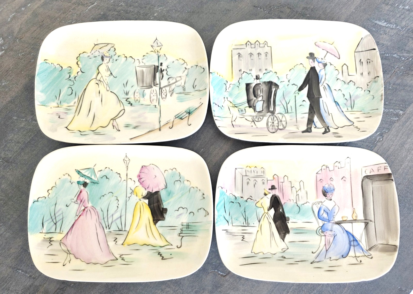 Vintage Hand Painted Ceramic Plates Lot 4 Paris Fashion Mid Century 5in x 7in