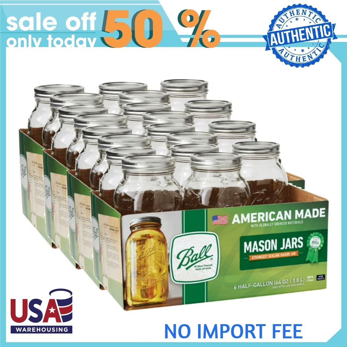 Ball Half Gallon Mason Jars Wide Mouth 24pk, 64oz Canning Jars with Lids and Rin Ball Half Gallon Mason Jars Wide Mouth 24pk, 64oz Canning Jars with Lids and Rin