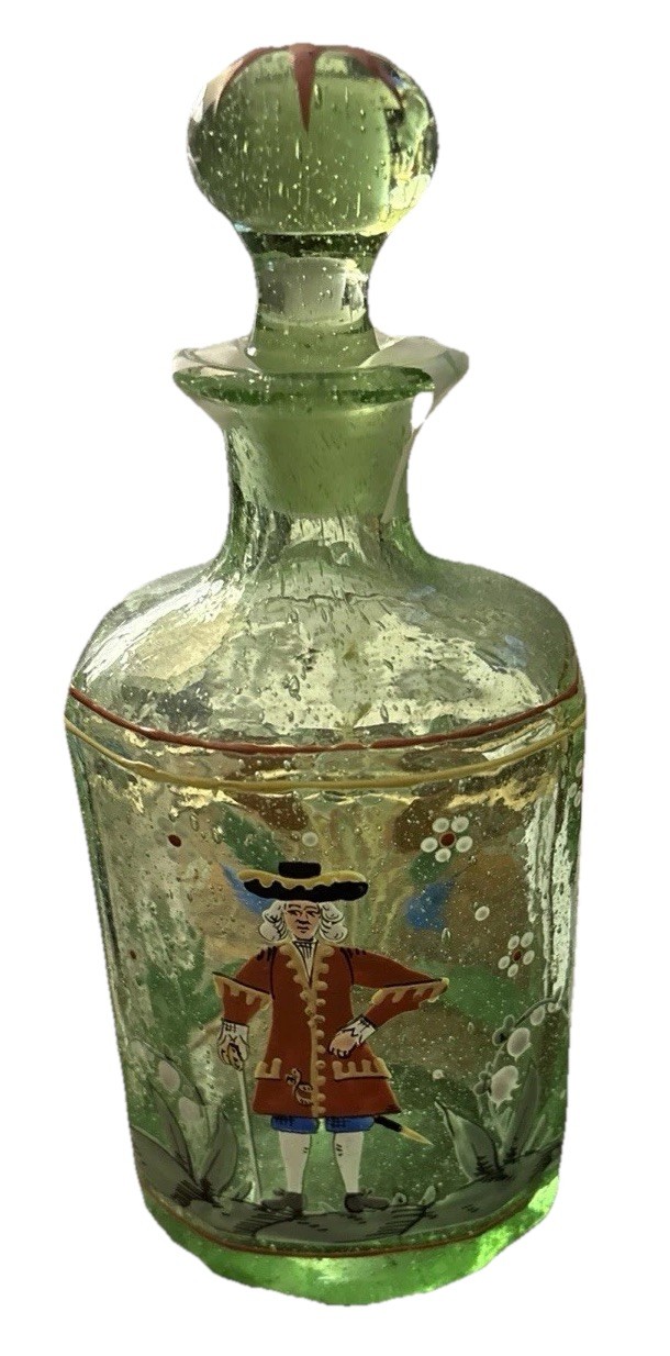ANTIQUE ENAMELED STIEGEL GLASS DECANTER Made In PA 7 1/2 “ Tall.