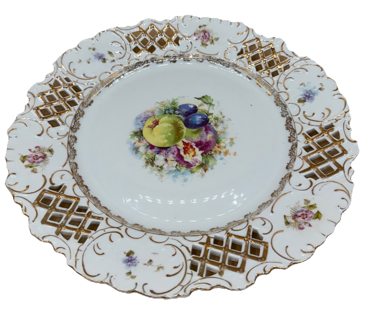VINTAGE Reticulated, Scalloped and Gold Trimmed Edge w/ Fruit And Floral Plate