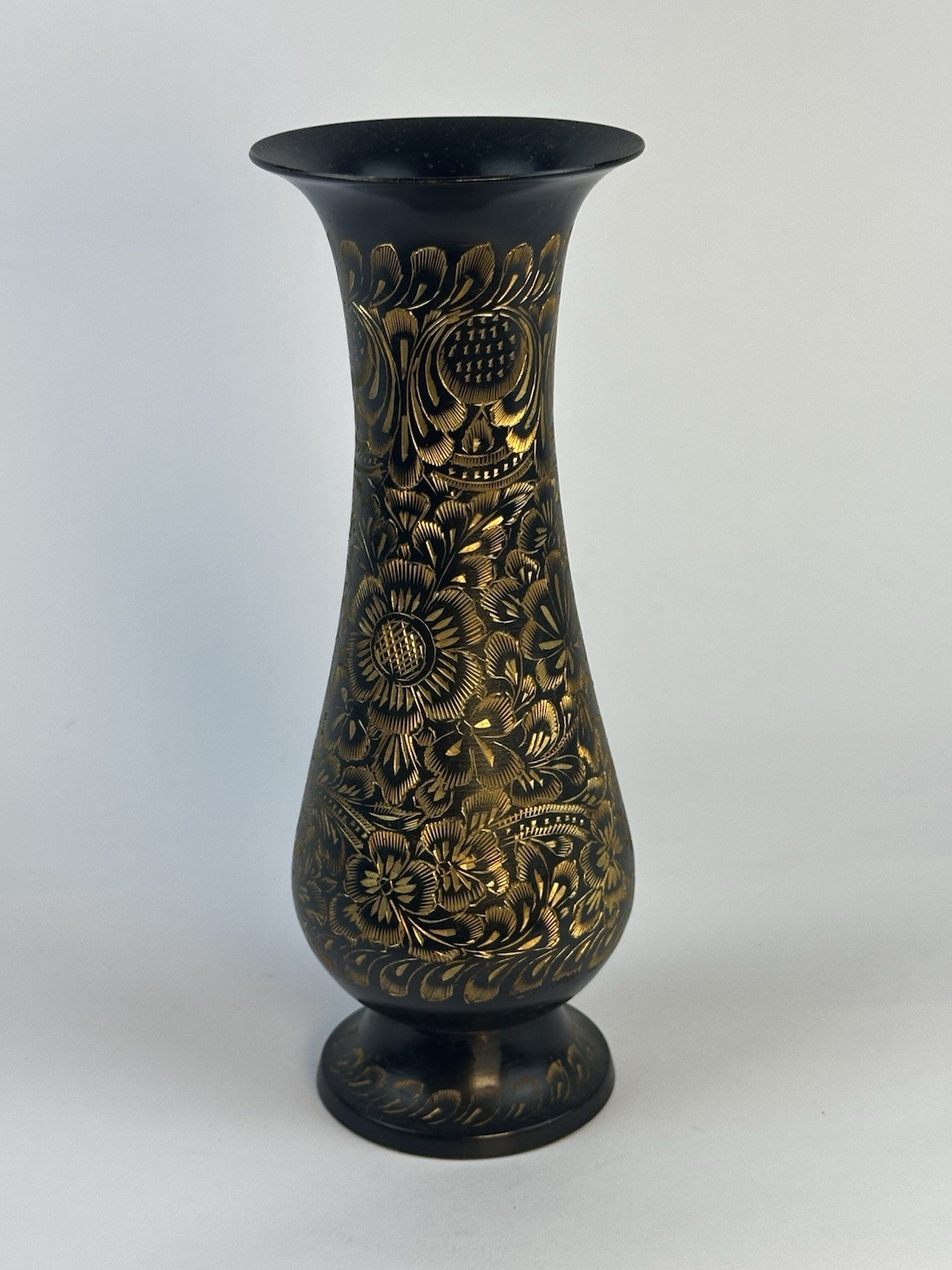 Vintage India Black Brass Vase Hand Etched Gold Floral 8” Boho Décor