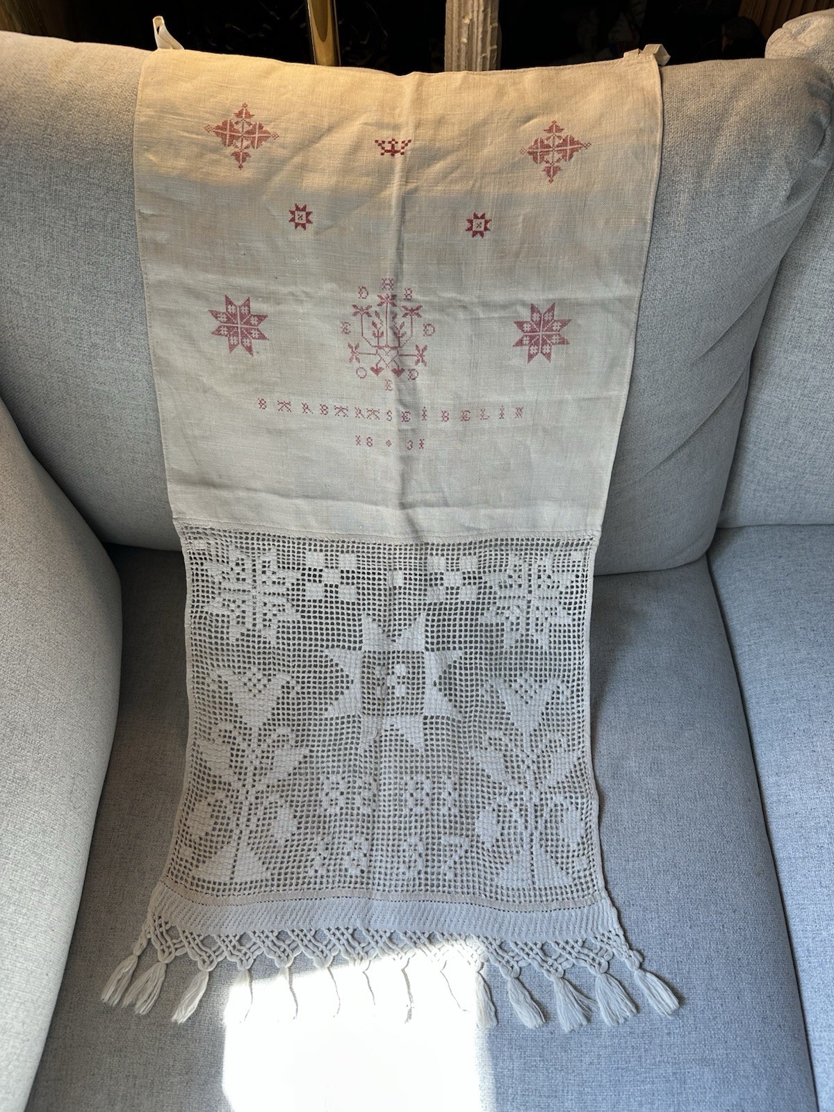 Antique Pennsylvania PA German Show Towel Embroidery Sampler Needlework 1831/37