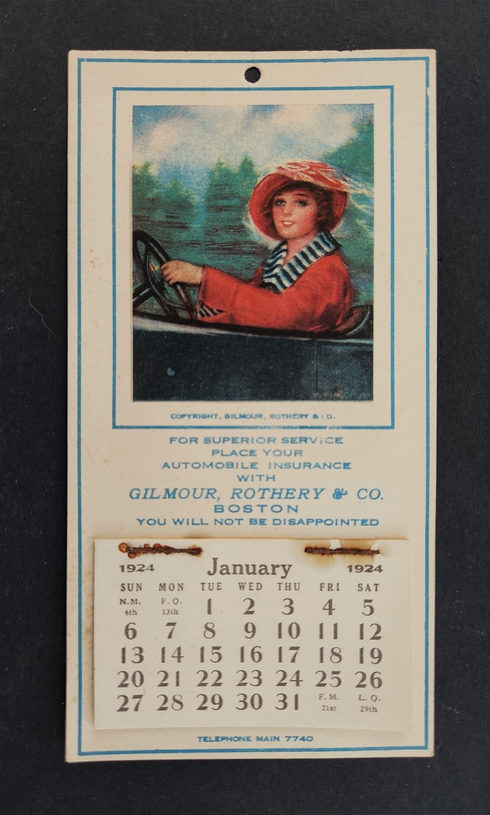 1924 antique GILMOUR, ROTHERY & CO boston ma AUTOMOBILE INSURANCE calendar