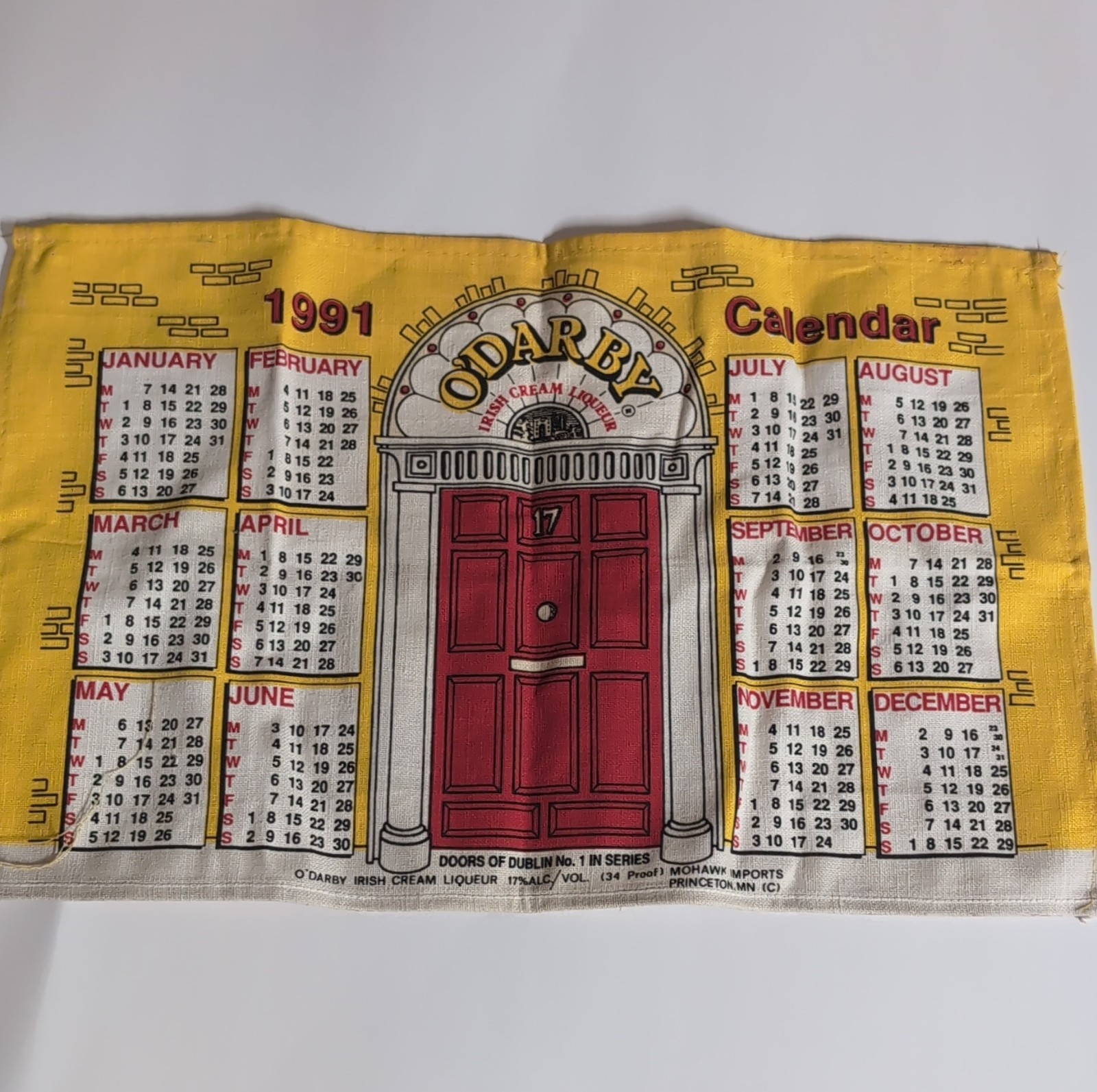 O\'Darby Irish Cream 1991, Yellow and Red Cloth Calendar Wall Hanging Novelty