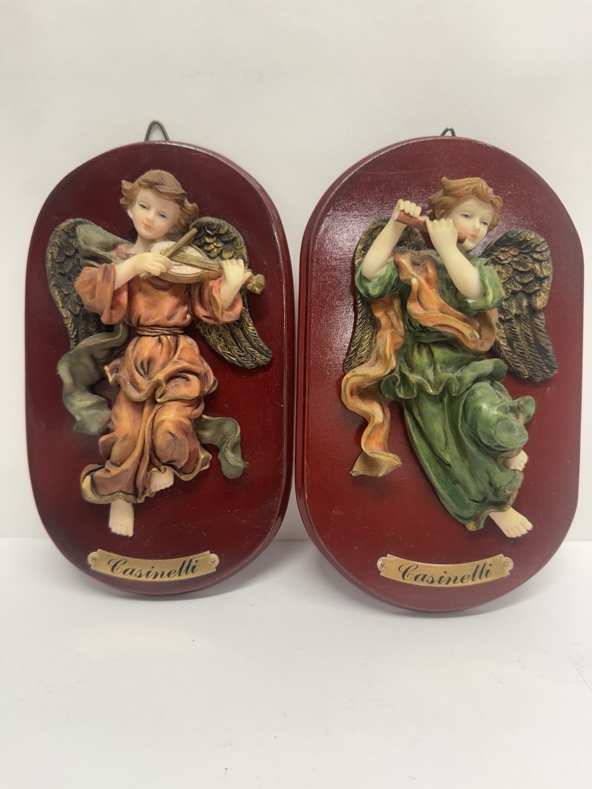 Lareaux Casinelli Pair Angel Musician Wall Plaques Violin Flute Resin Decor 