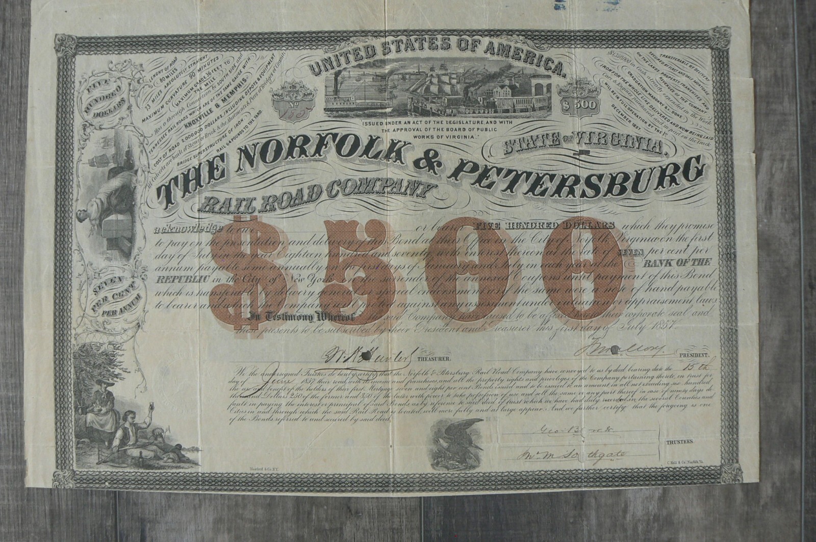 RARE 1857 Norfolk & Petersburg Railroad $500 Bond Certificate Pre Civil War 