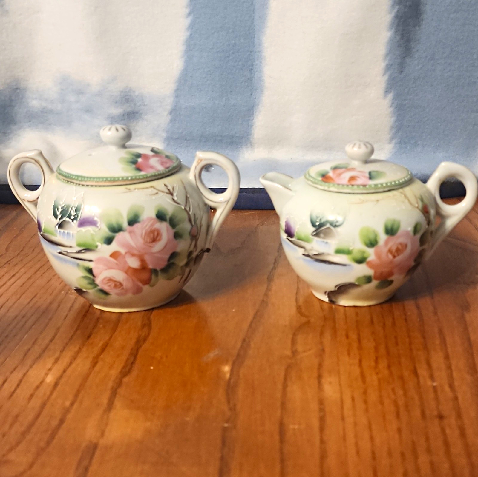 Hand Painted Nippon Takito Porcelain Sugar Bowl Creamer Floral Pink Roses