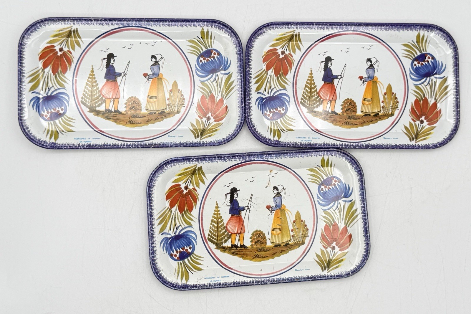 3 Vintage Massilly France Faienceries De Quimper HB Henriot 7”x 4” Tin Tray