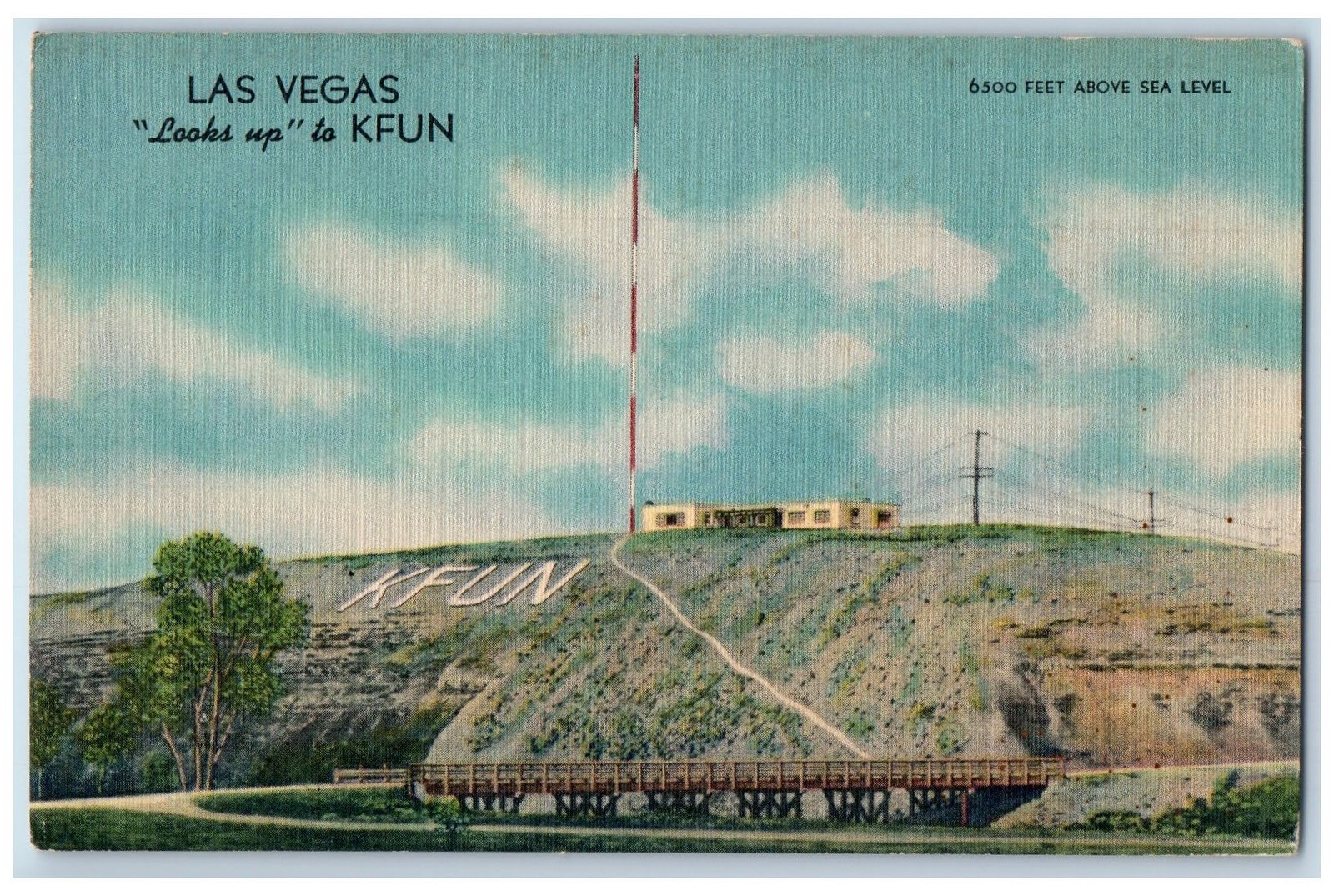 c1940\'s Las Vegas Looks Up To KFUN Radio Station Tower Bridge KF Postcard