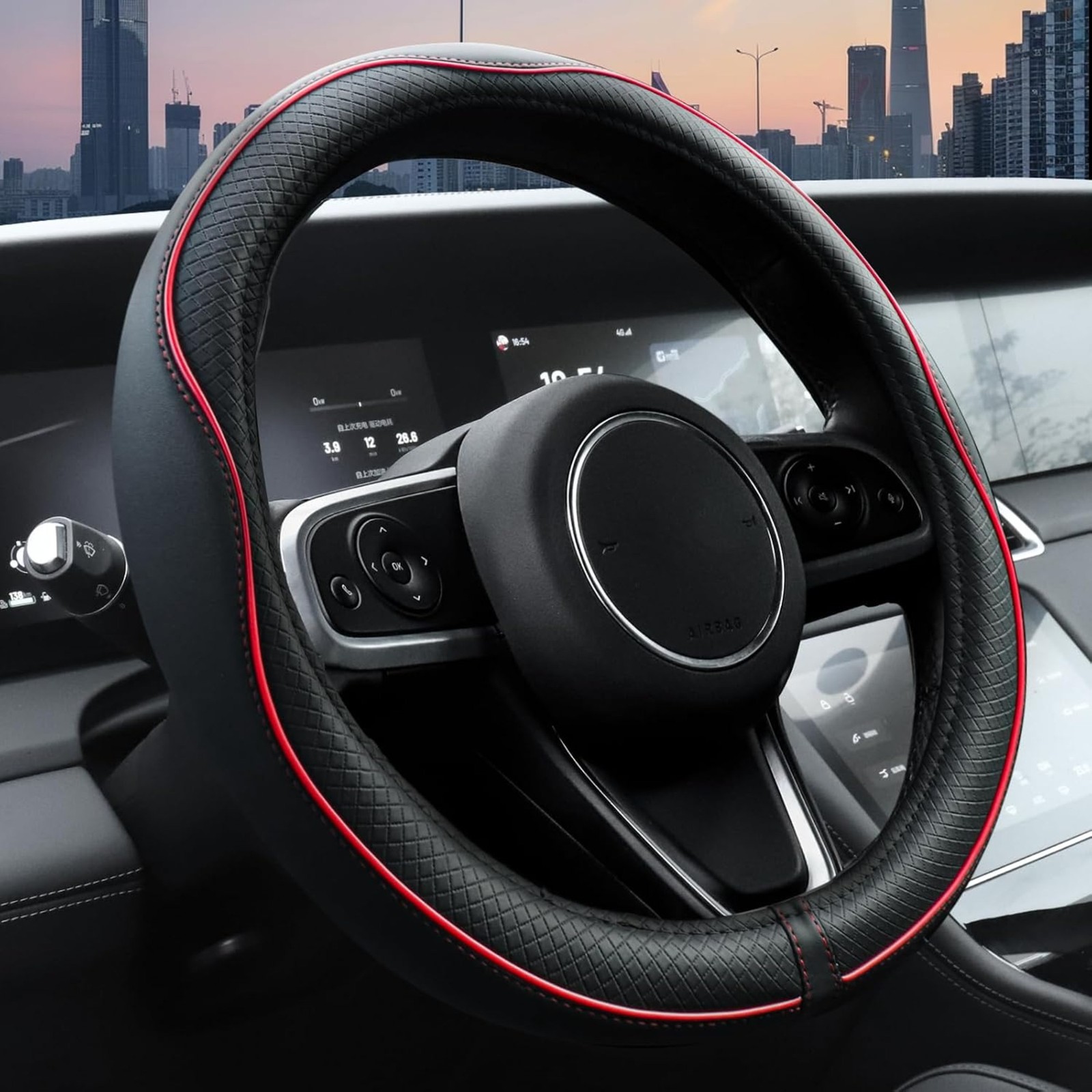 Car Steering Wheel Cover Microfiber Leather Anti-Slip 14.5-15in Black Red Line