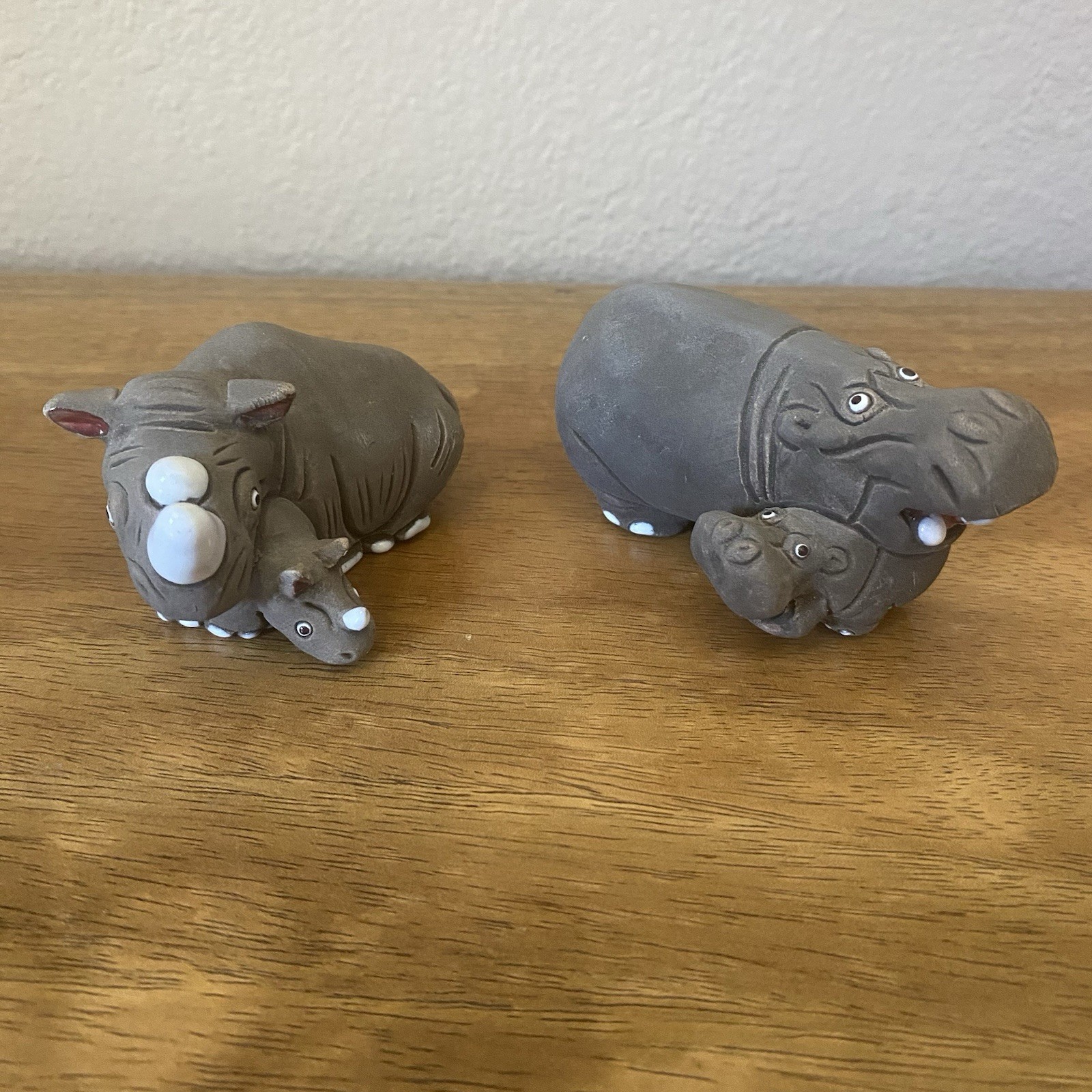 Ceramic Hippo Rhino w Babies Figurines Pair Hollow Marked CIDCAL Folk Art