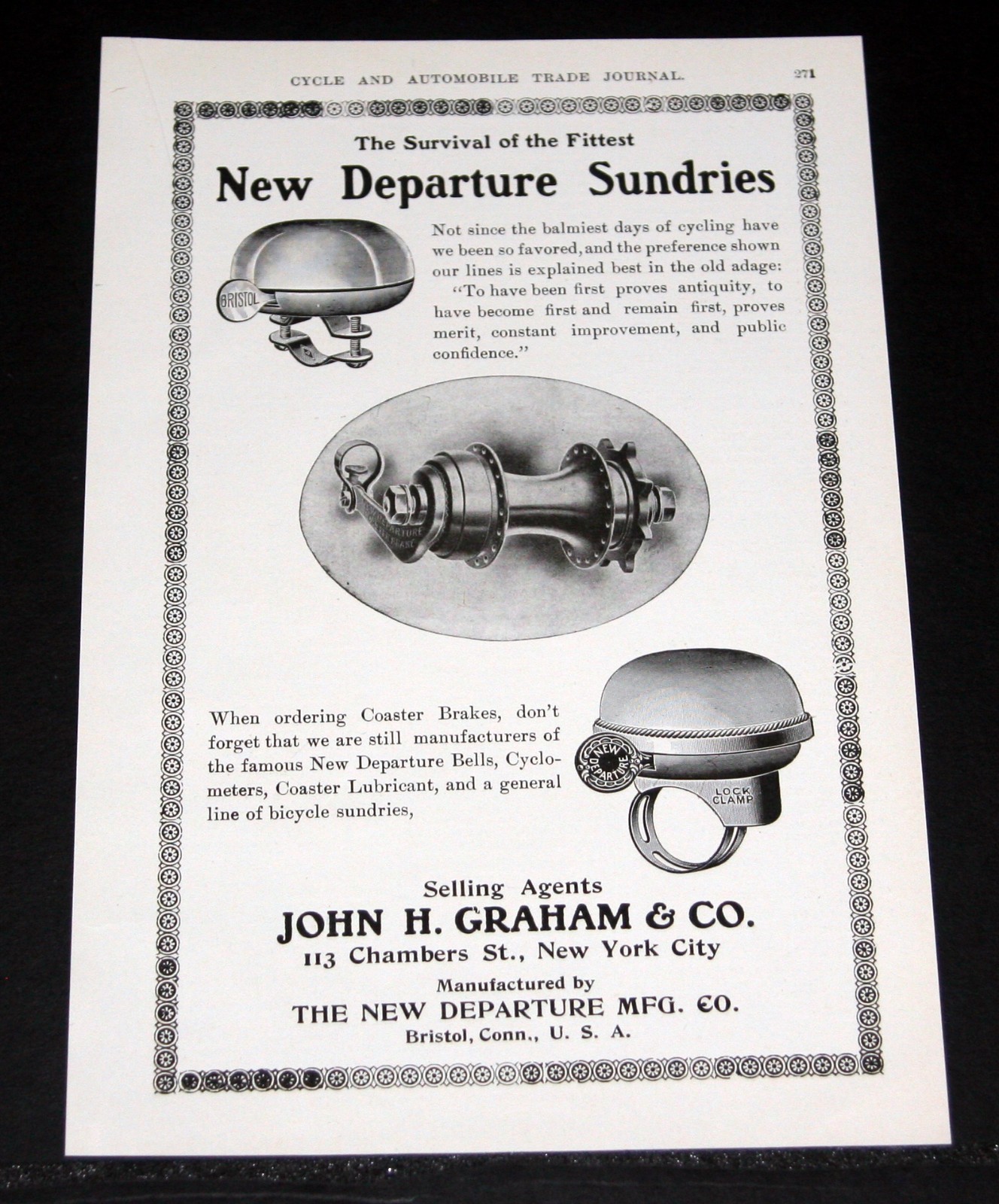 1903 OLD MAGAZINE PRINT AD, NEW DEPARTURE, COASTER BRAKES, BELLS & CYCLOMETERS