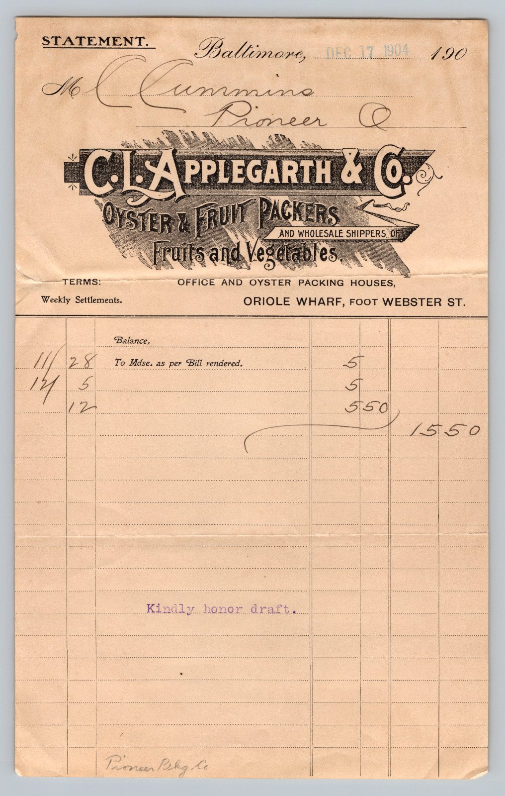 Antique Billhead C. L. APPLEGARTH & CO Oyster & Fruit Baltimore MD - 1904 Antique Billhead C. L. APPLEGARTH & CO Oyster & Fruit Baltimore MD - 1904
