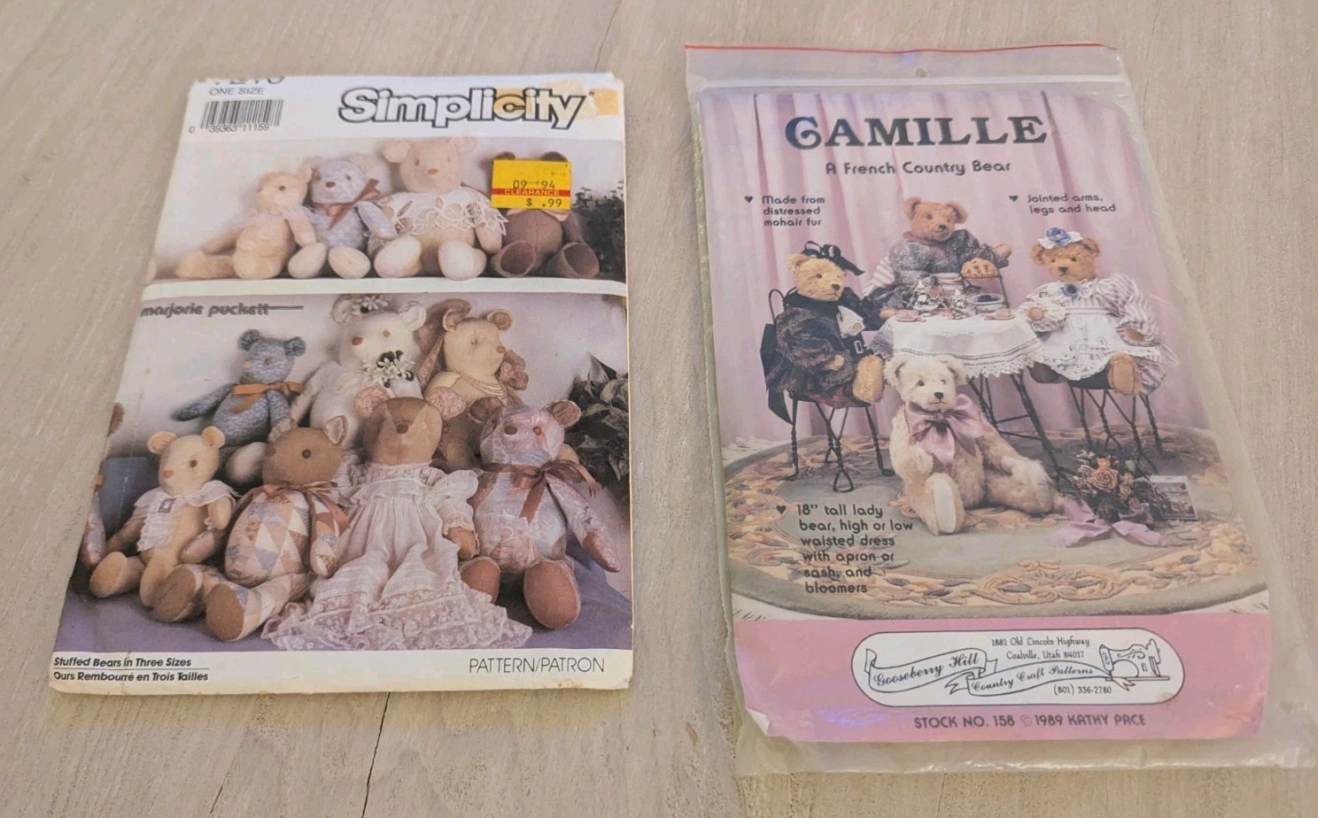Vintage Teddy Bear Sewing Pattern Lot Simplicity + Gooseberry Hill Camille