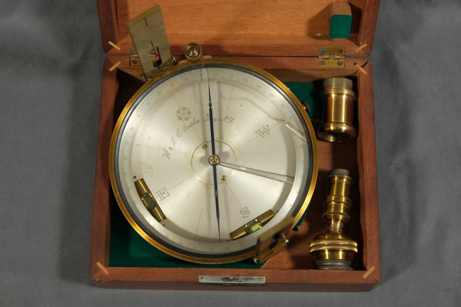 W & LE Gurley Brass Surveyors Staff Compass with Wood Case (Crack Glass)