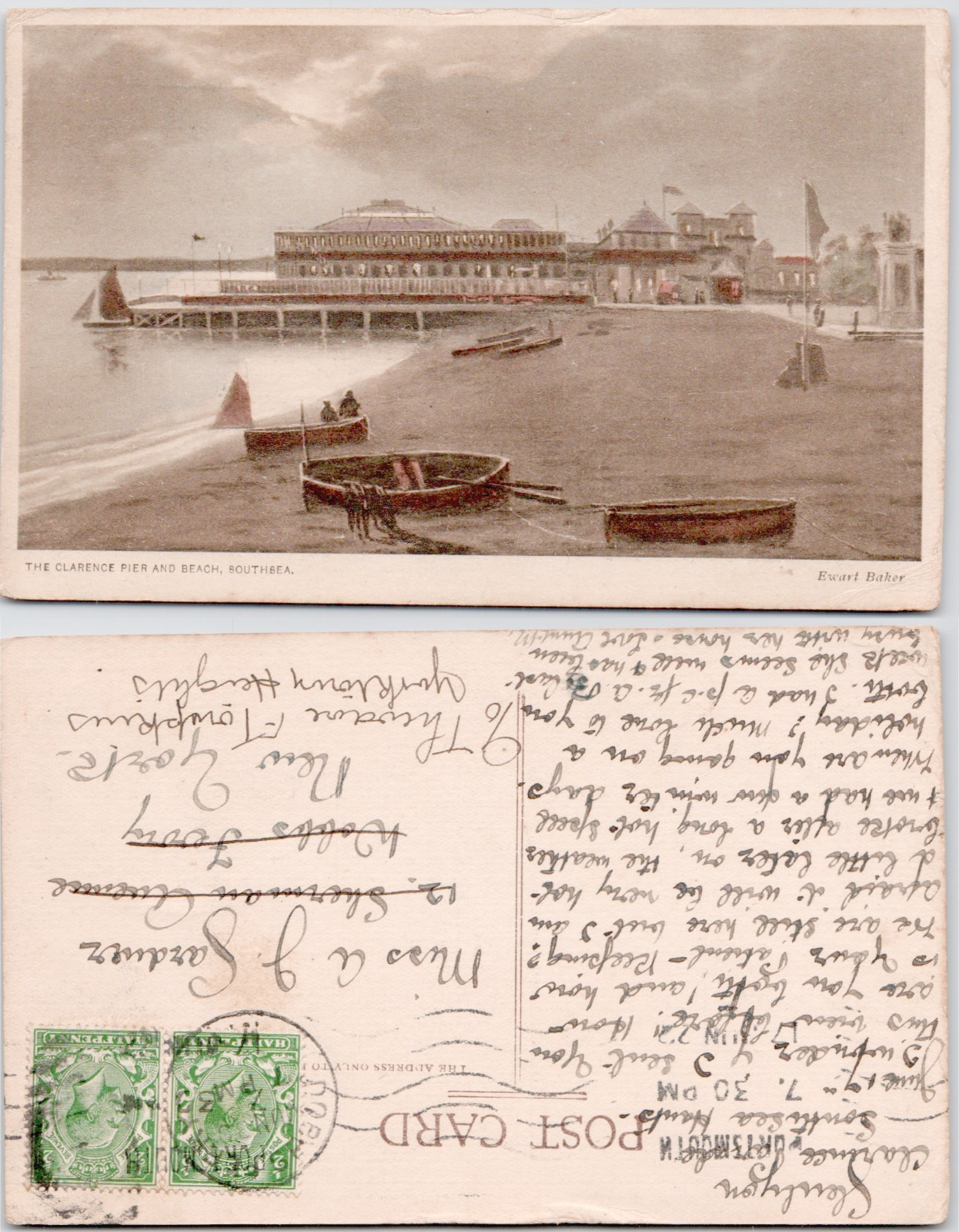 UK England Southsea 1910 Clarence Pier Beach Boats Buildings Postcard