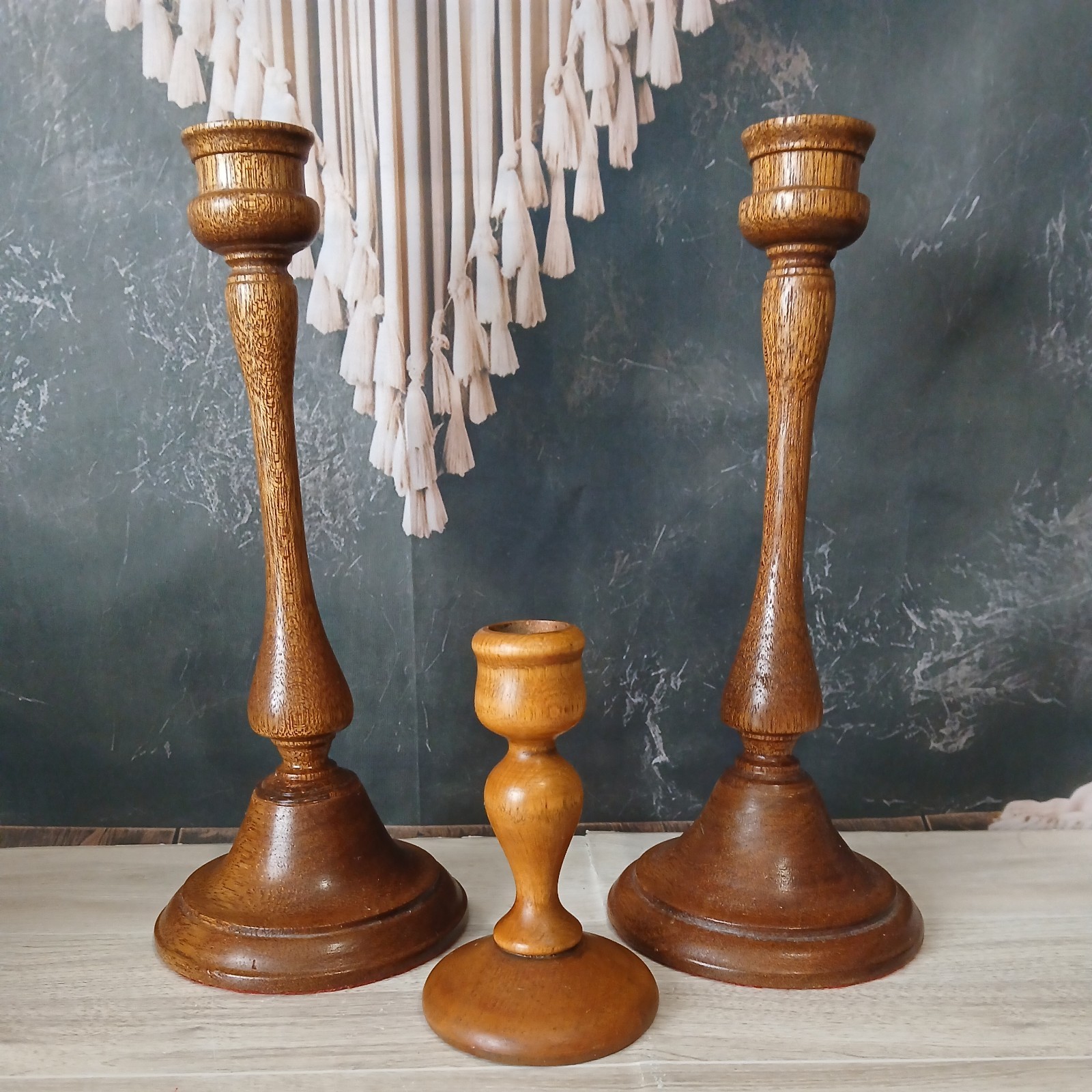 Vintage Wooden Candlestick Holders Wood Turned Early American Farmhouse Used 3