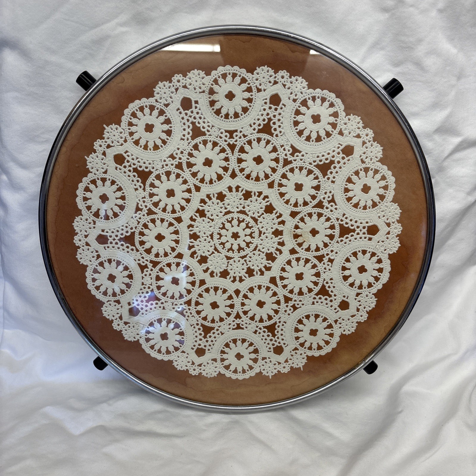 large rotating TRAY with fine crochet doily under glass wood and chrome 1930s 1L