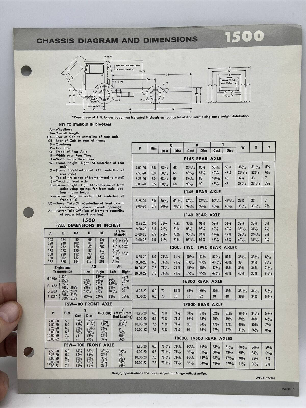 1963 THE WHITE MOTOR COMPANY 1500 CHASSIS DIAGRAM AND DIMENSIONS & OPTIONS