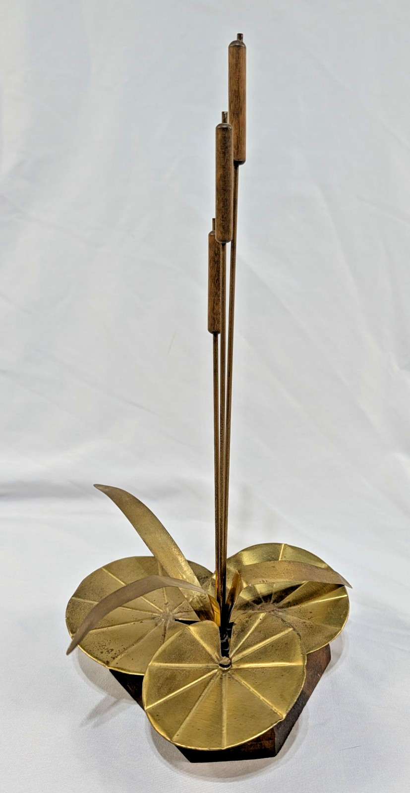 Brass & Wood Cattail Lily Pads Sculpture Vintage MCM Metal Brutalist Tabletop