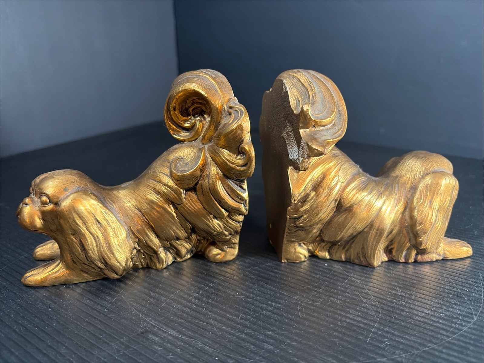 Vtg Cast Metal Pekingese Spaniel Dog Bookends Gold Tone