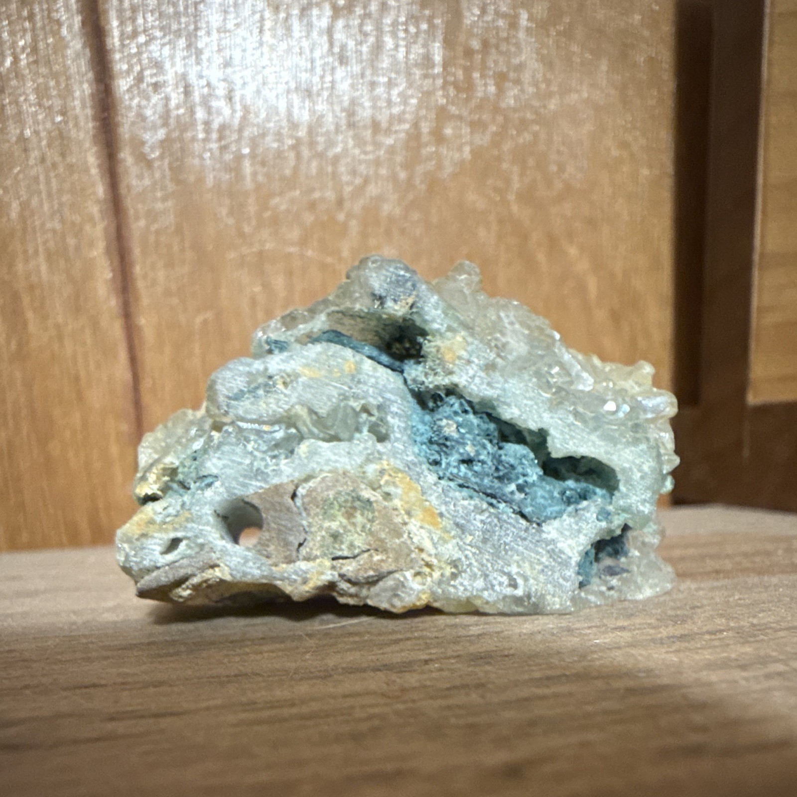 Gray Mineral Specimen Rock Display Specimen with Blue and White Crystals