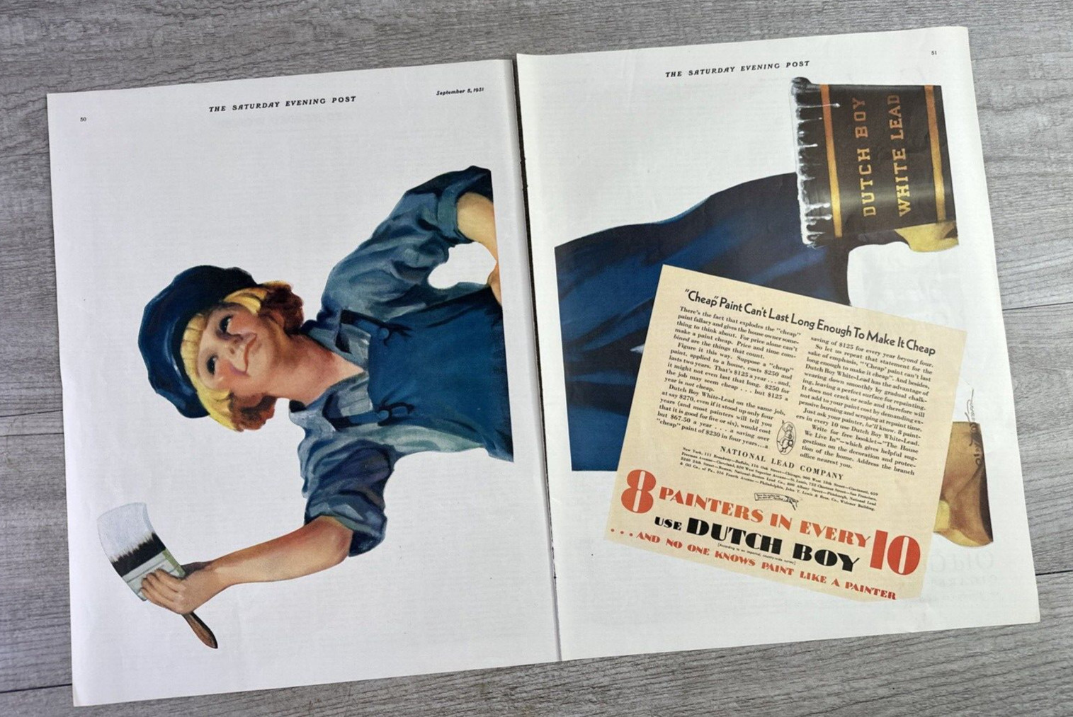 Vtg 2 Page Print Ad Sept 1931 Dutch Boy Lead Paint National Lead Co Sat Eve Post