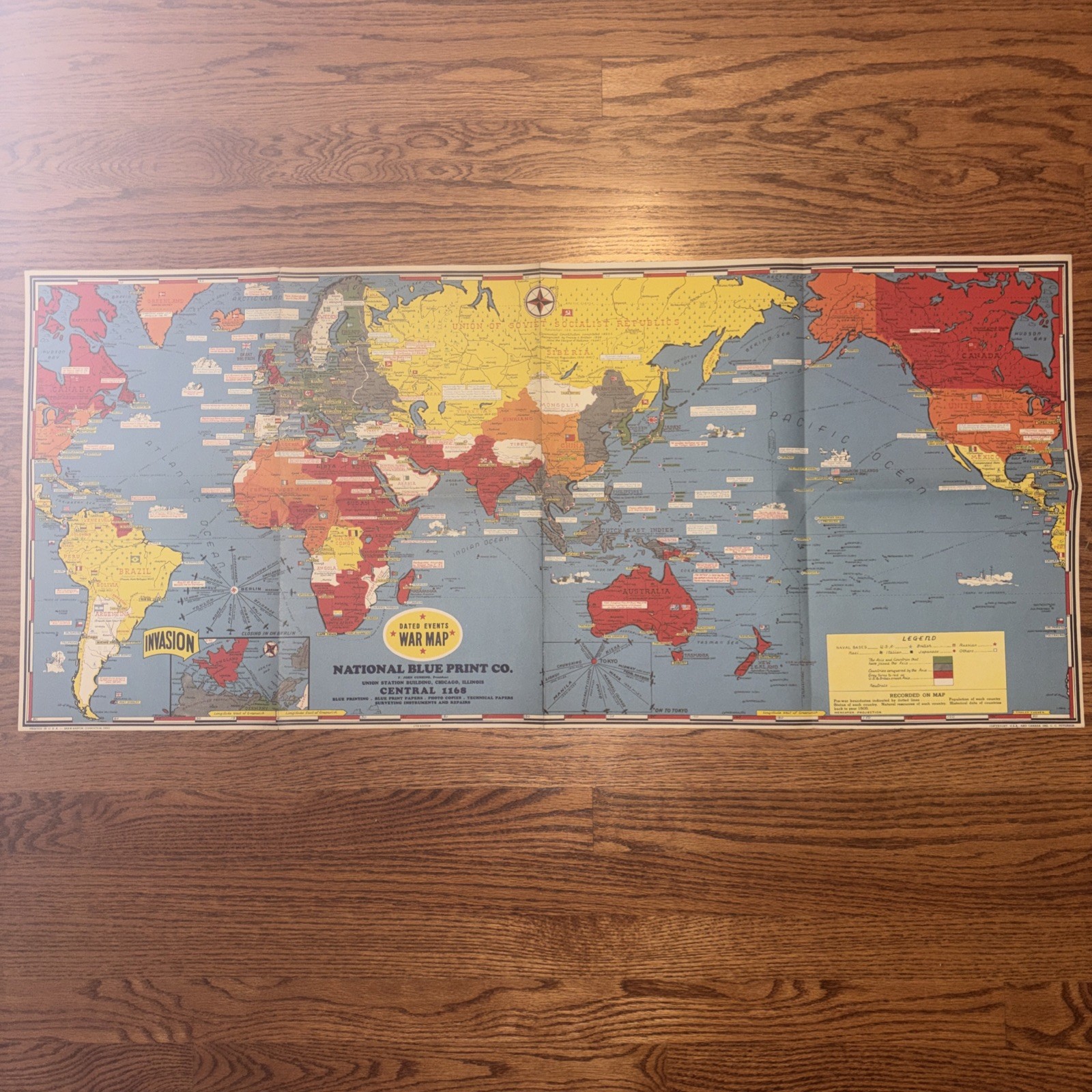 1942 Dated Events War Map Poster Stanley Turner C.C. Peterson Pictorial 17th Ed