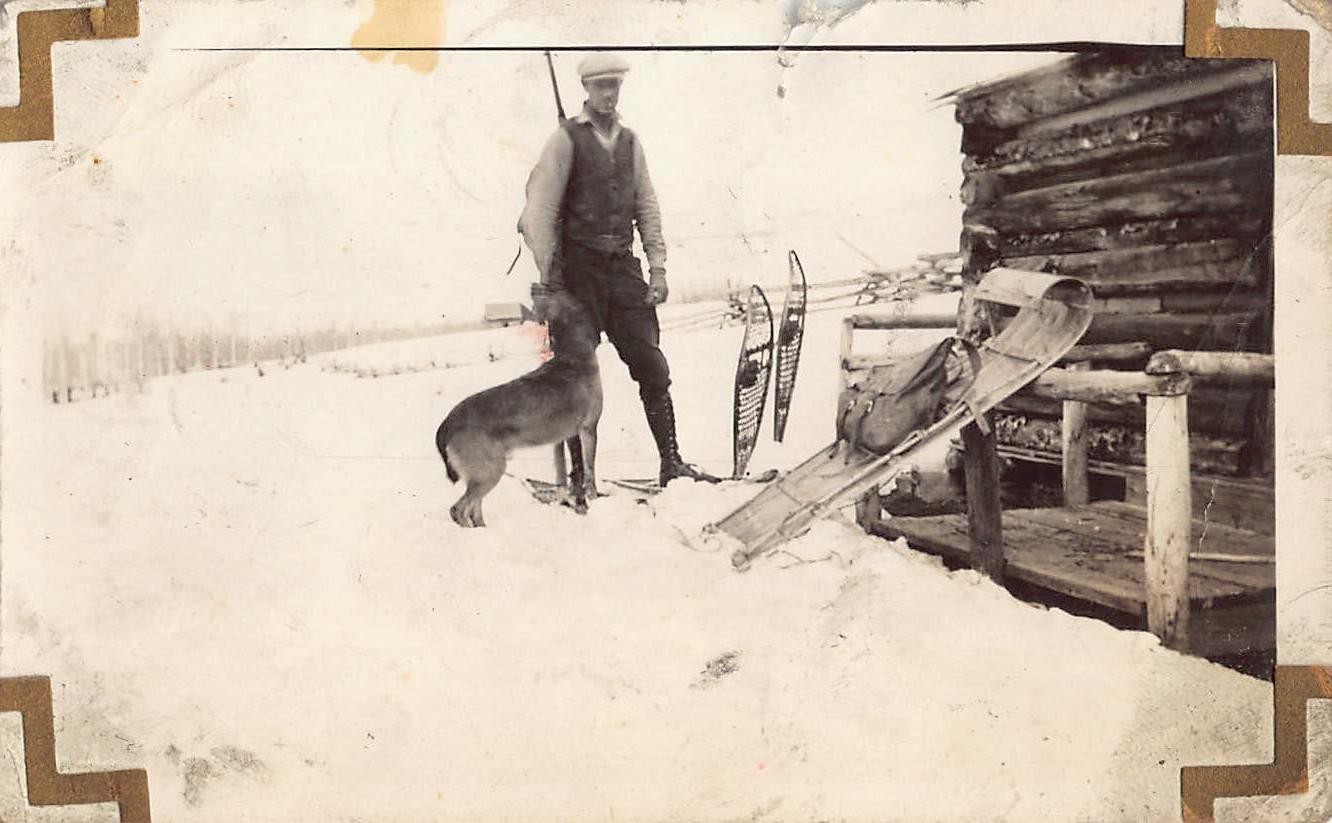 1934 Rugged Man Mountain Cabin 1930s Photo Snowshoes Dog Snow Sled Rifle Trees