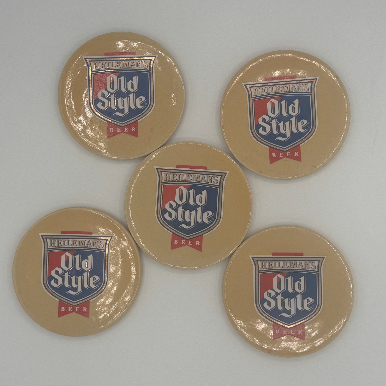 Vintage Heileman's Old Style Beer Ceramic Coasters Magnets Set of 5 Tan 4 Inch
