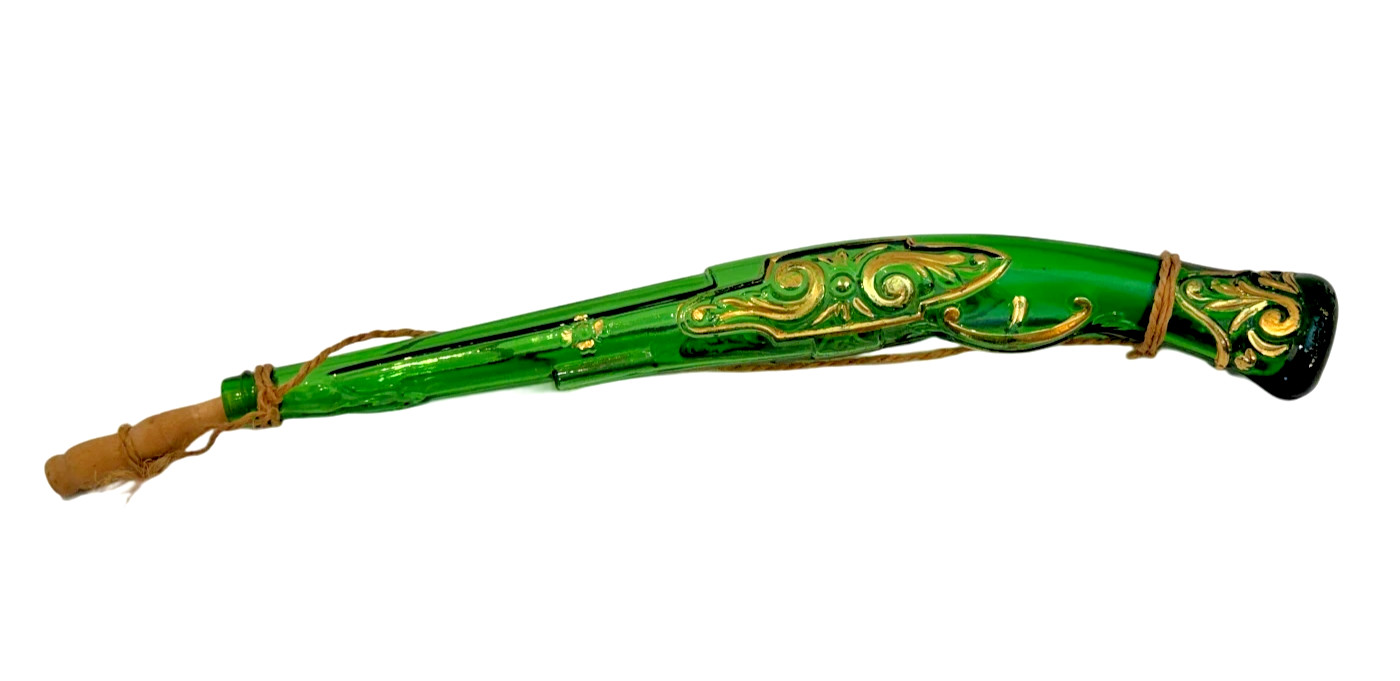 Barsotinni Wine Decanter Glass Green Gold Musket Pistol Rifle Vintage 1960's