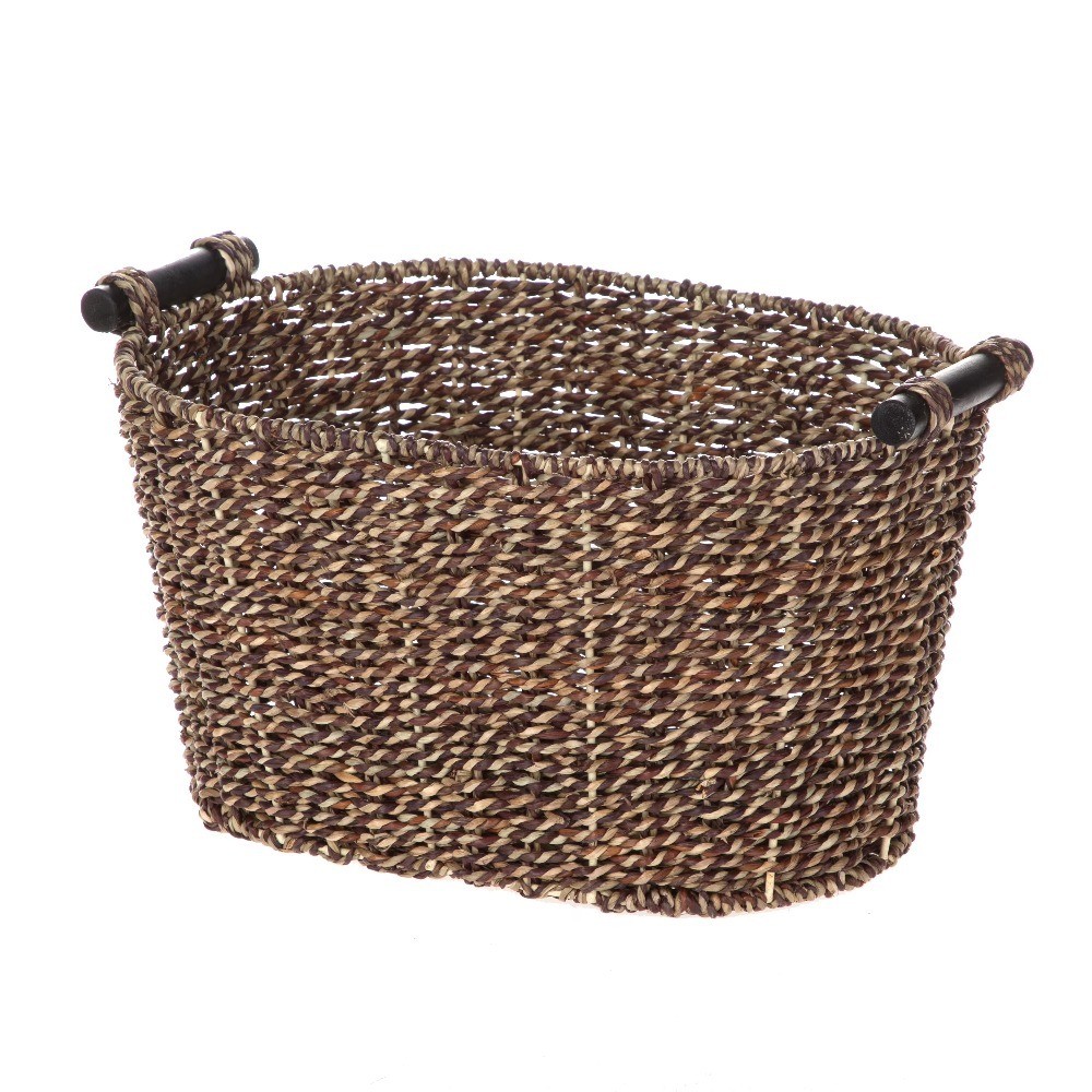 Oval Seagrass Storage Basket with Wooden Handles Brown Woven Organizer Bin