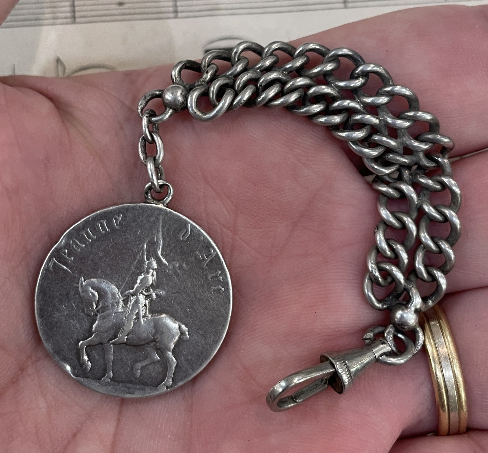 Rare Antique French Sterling Silver Joan of Arc Chatelaine Chain Horse c1900