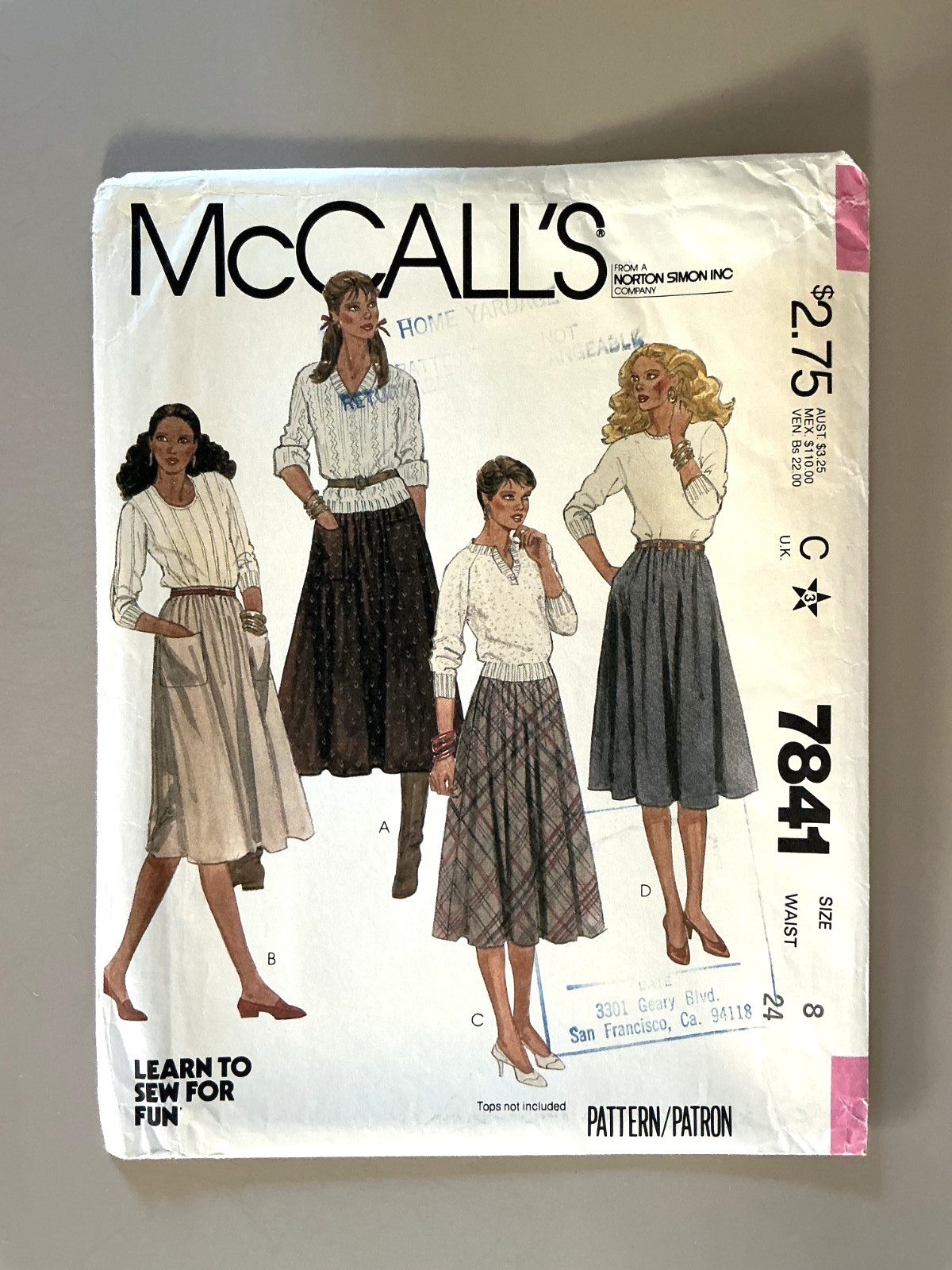 1980's McCall's Misses' Skirt Pattern 7841 Size 8 UNCUT