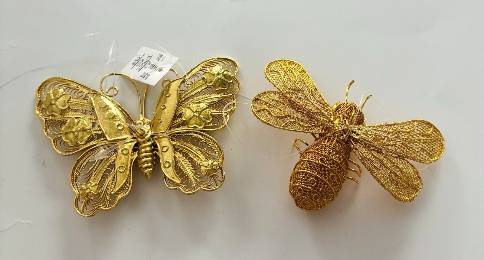 Vtg Dillard\'s Trimmings Set Of 2 Wired Golden Butterfly Bee Christmas Ornaments
