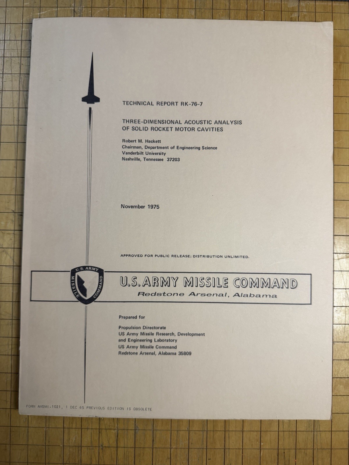 Vintage 1975 US Army Rocket Technical Report RK-76-7 Acoustic Analysis Cavities