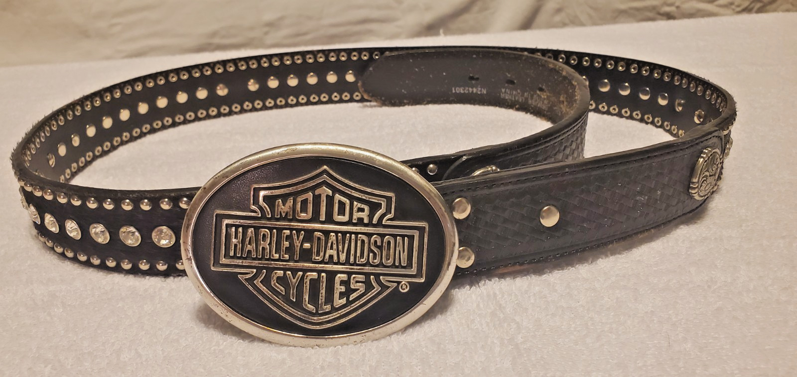 Vintage Harley Davidson 2012 Rhinestone Studded Leather Belt and Buckle 42