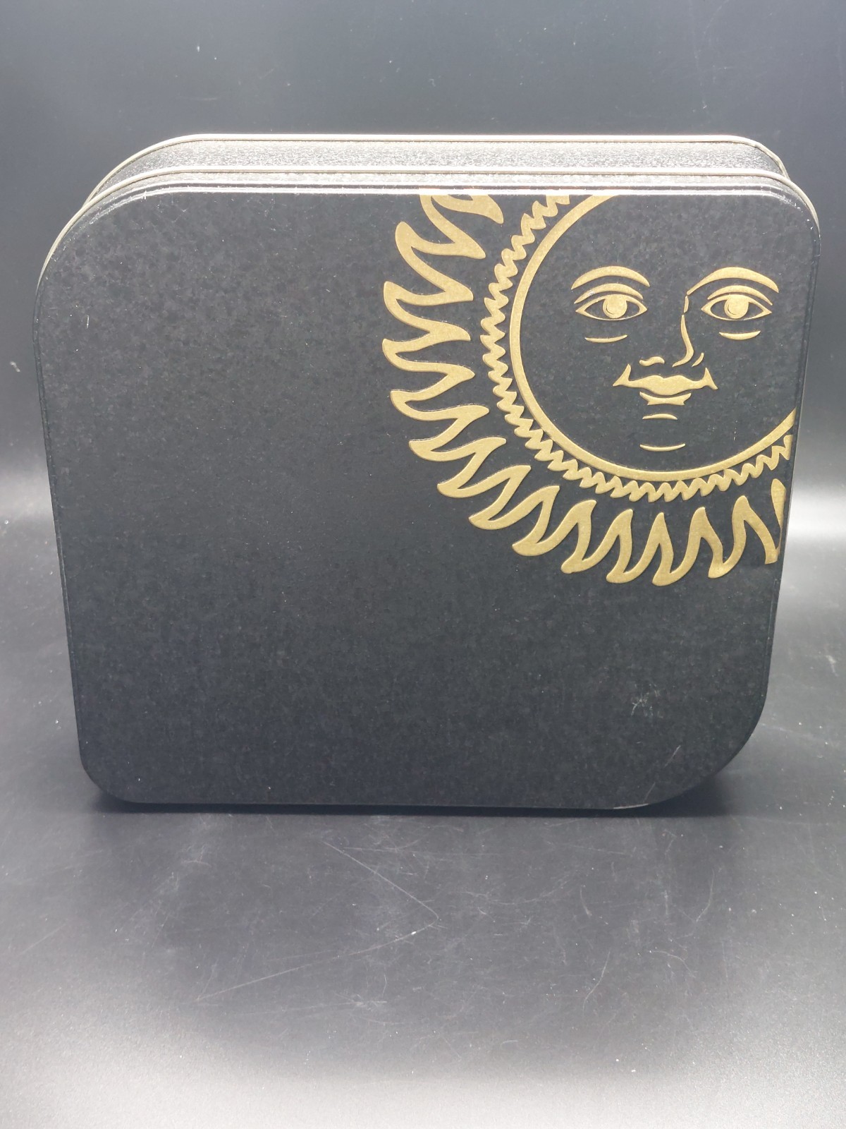 Vintage Celestial Sun Black And Gold Trapezoid Tin Embossed Textured