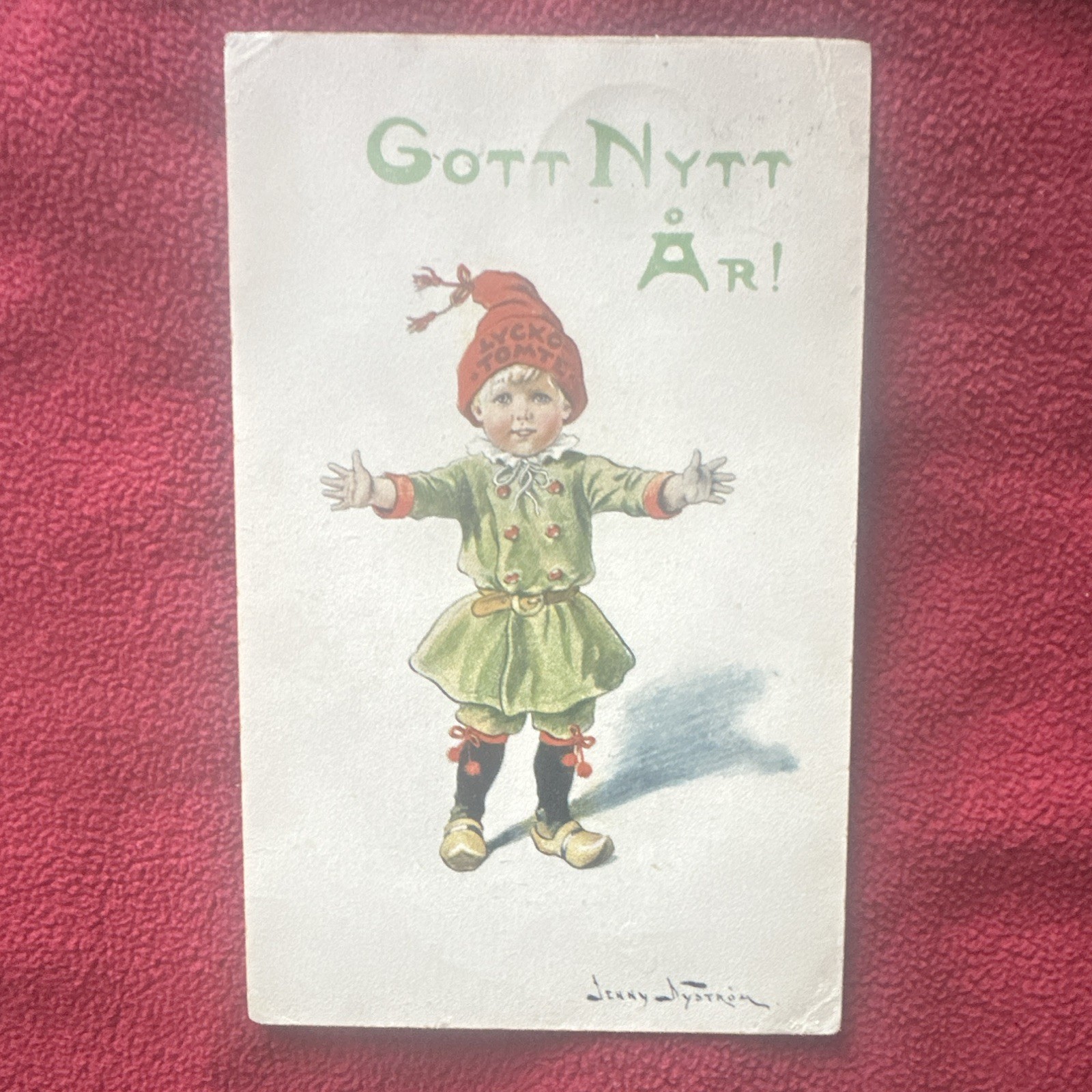 VTG Signed Jenny Nystrom Christmas Card 1919 Folk Outfit Gott Nytt Ar