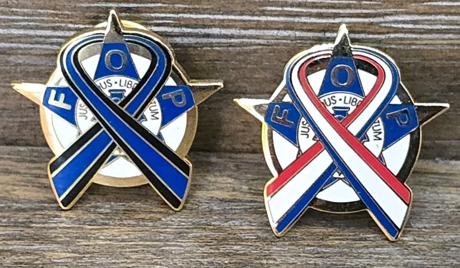 2 Piece Set F.O.P. Police & U.S. Flag Robbon Lapel Pins NEW