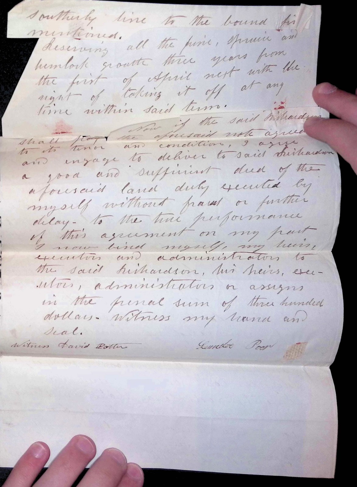 1855 Maine Handwritten Indenture Land & Timber Contract Lumber Poor Sebago