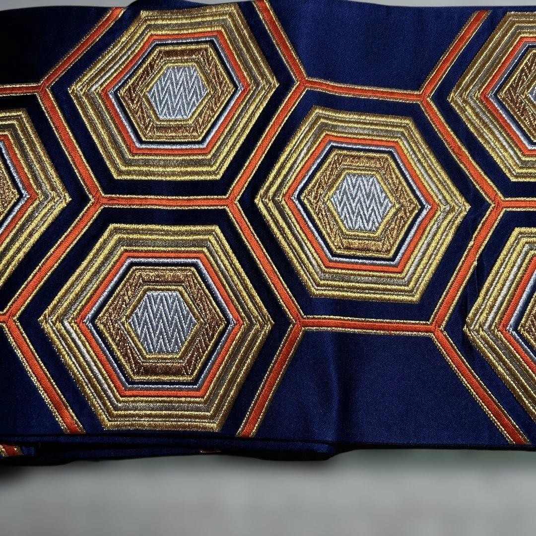 Vintage Navy Blue Hexagonal Geometric Obi with Gold Thread, Kimono Accessory
