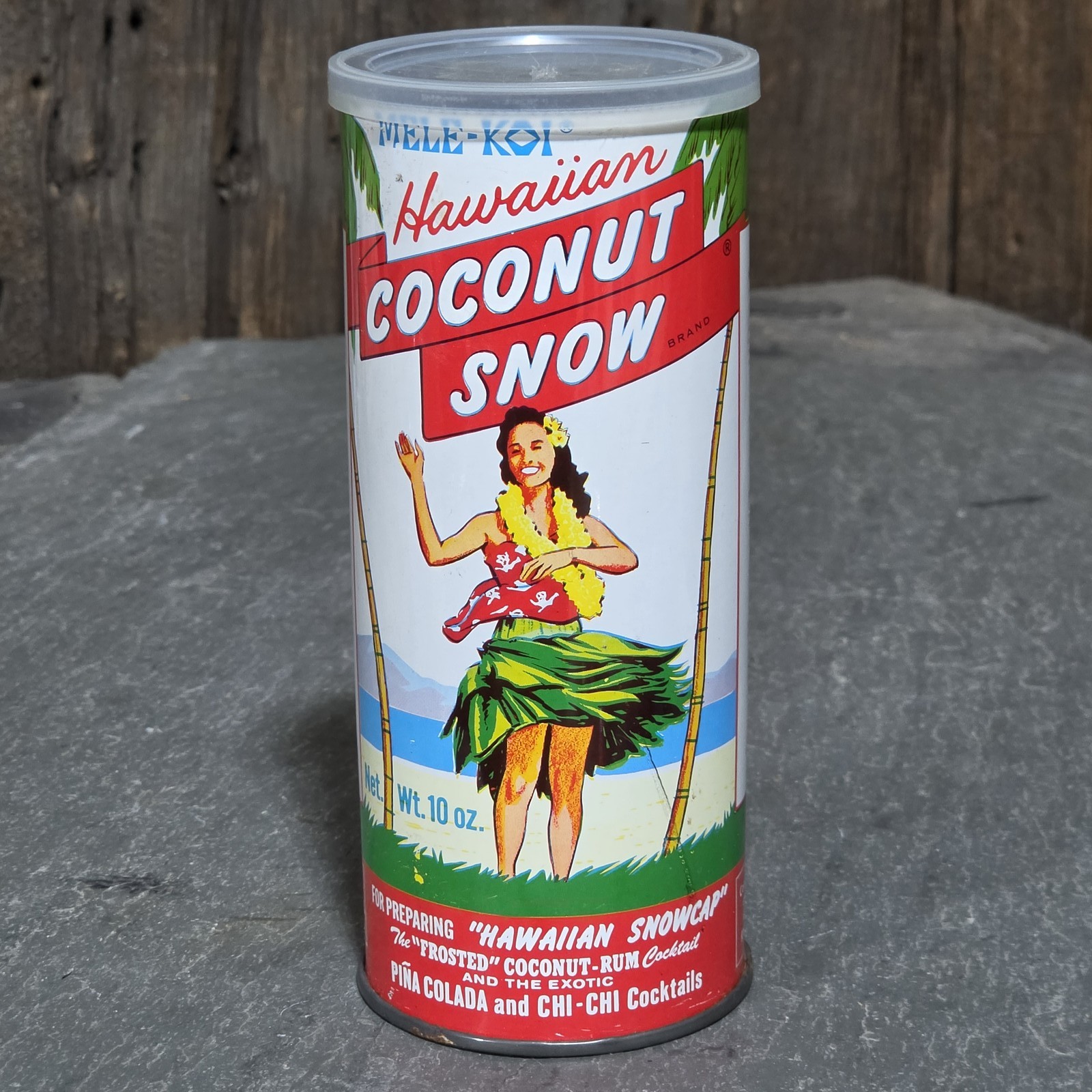 Vintage Mele-Koi Hawaiian Coconut Snow Can Tiki Bar Tin Pina Colada Kauai HI