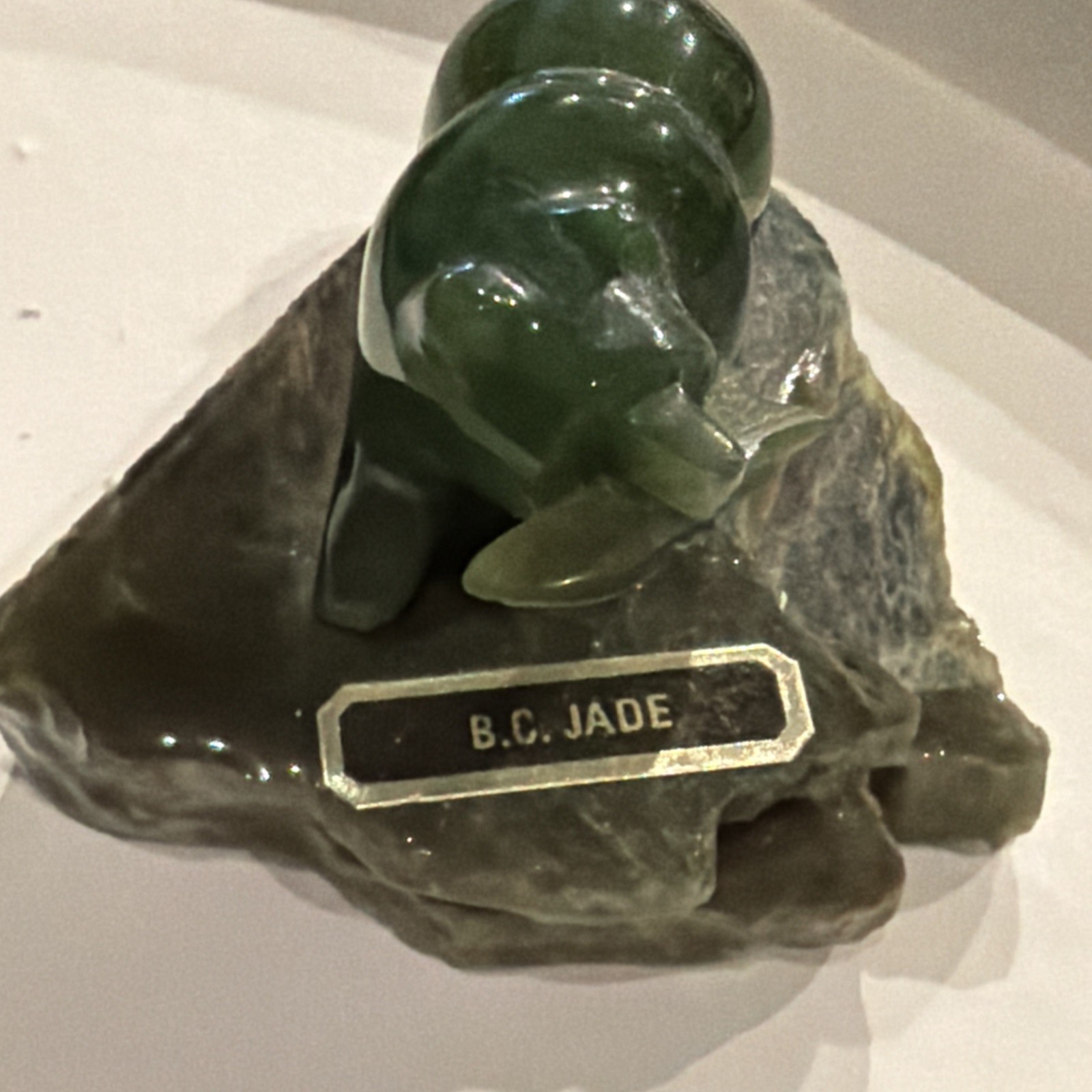 Genuine Green Jade Bear, Jade Fish in Mouth, on Jade Rock - From Canada BC Jade
