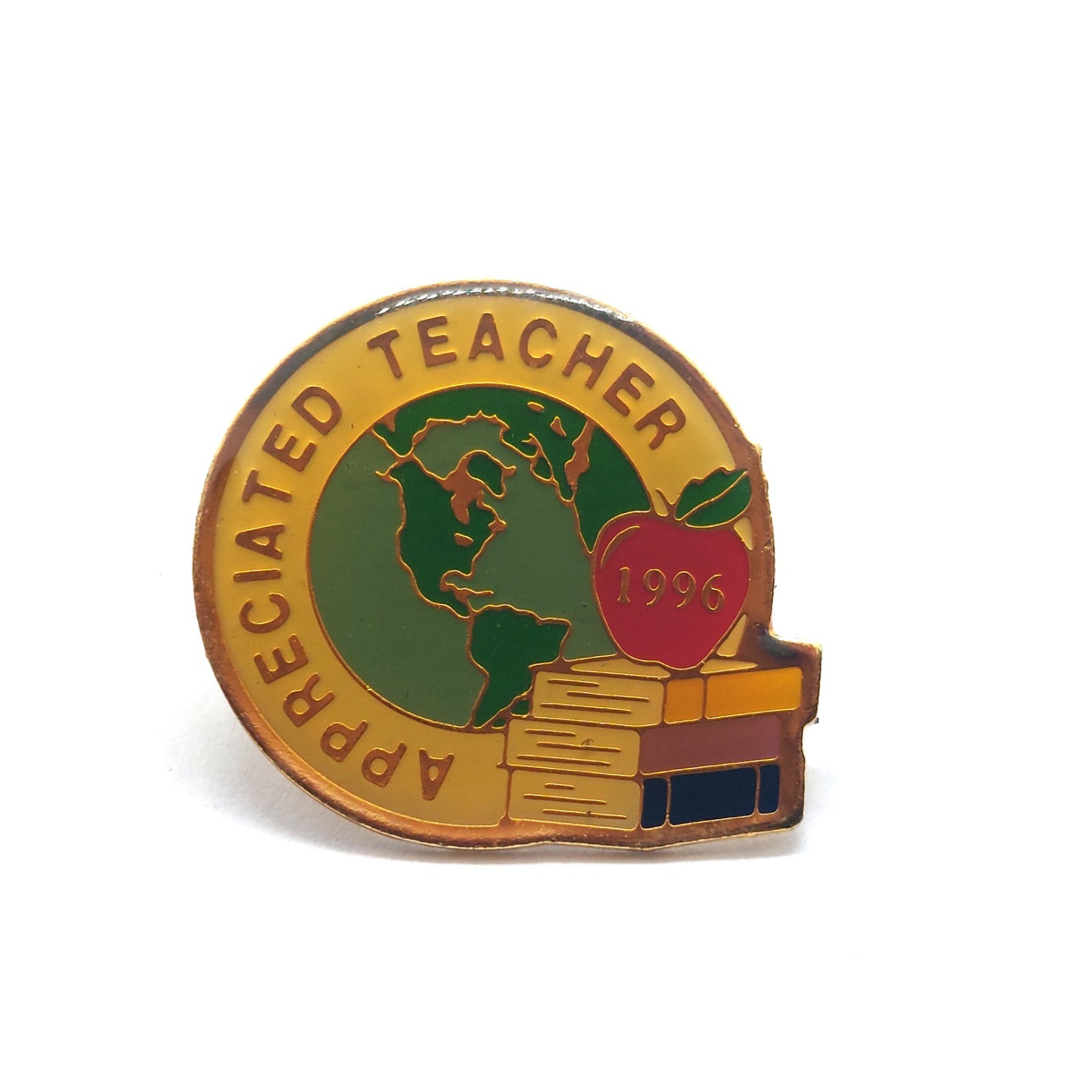 Appreciated Teacher Pin 1996 Education Recognition Award Books Globe Vintage