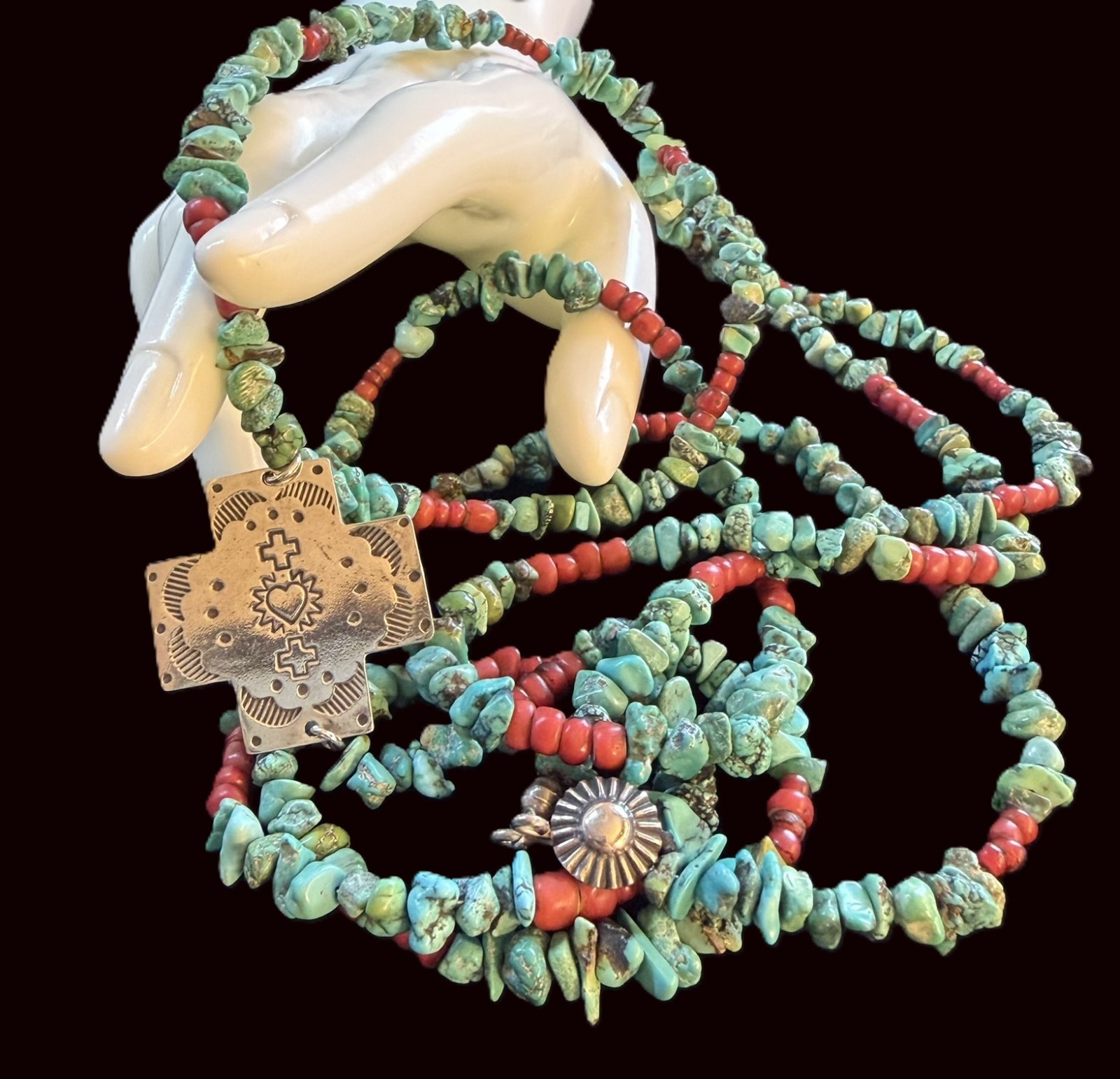 Vintage T Foree Hunsicker Sterling Silver Turquoise Coral Cross Necklace 30\
