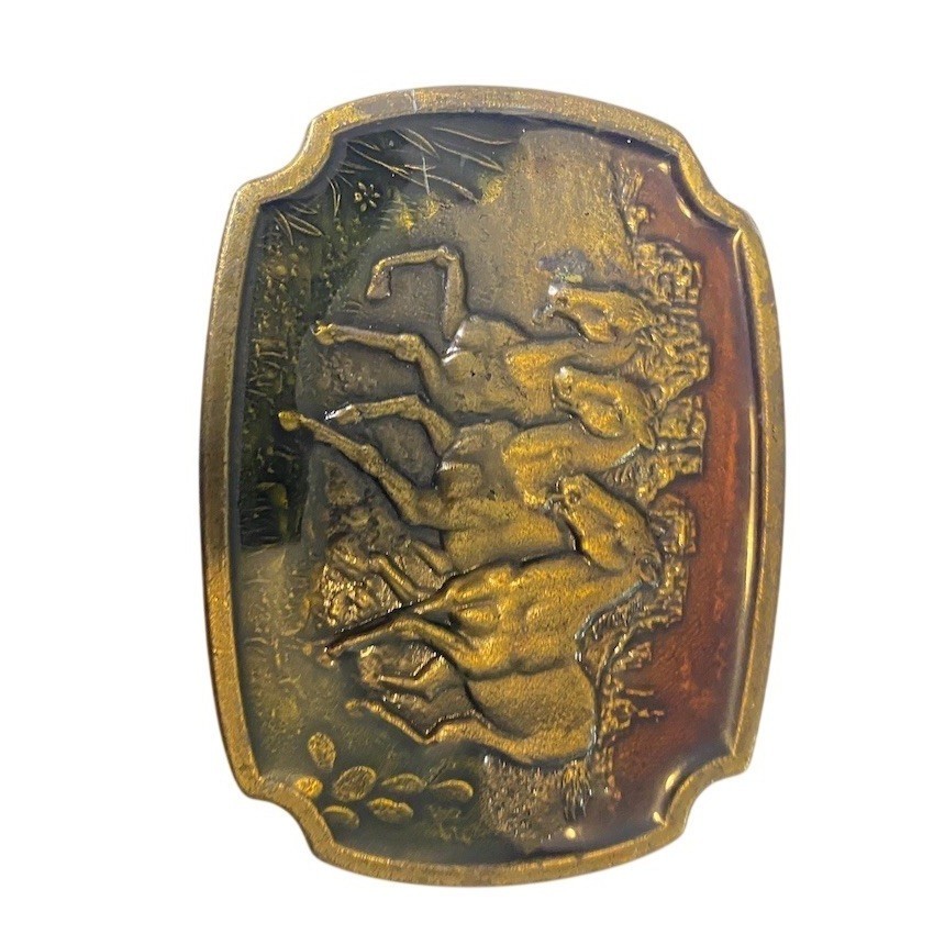 Vintage Baron Belt Buckle Gold Running Horses Western Cowboy Rodeo